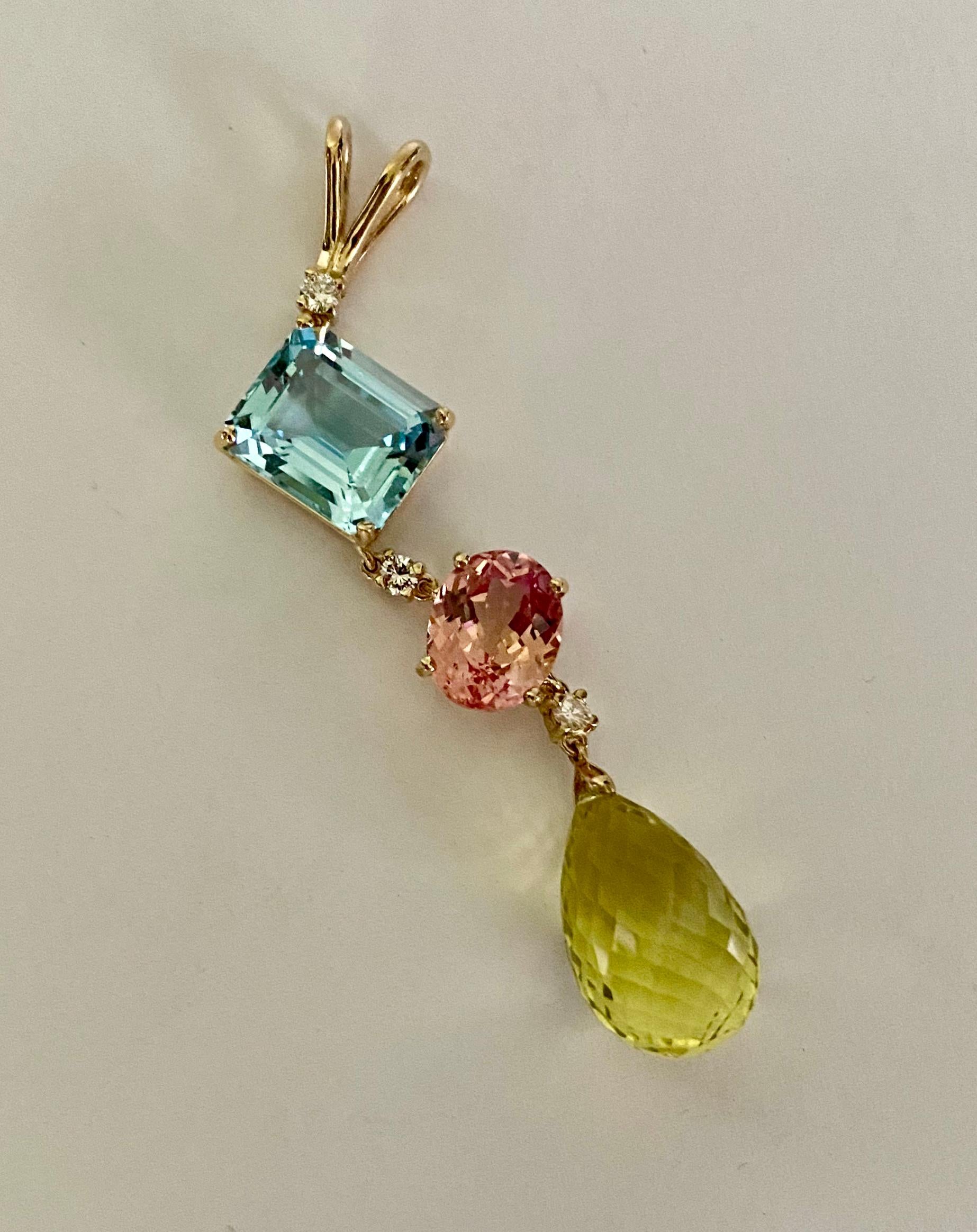 Michael Kneebone Blue Topaz Pink Topaz Diamond Lemon Citrine Stiletto Pendant For Sale 1