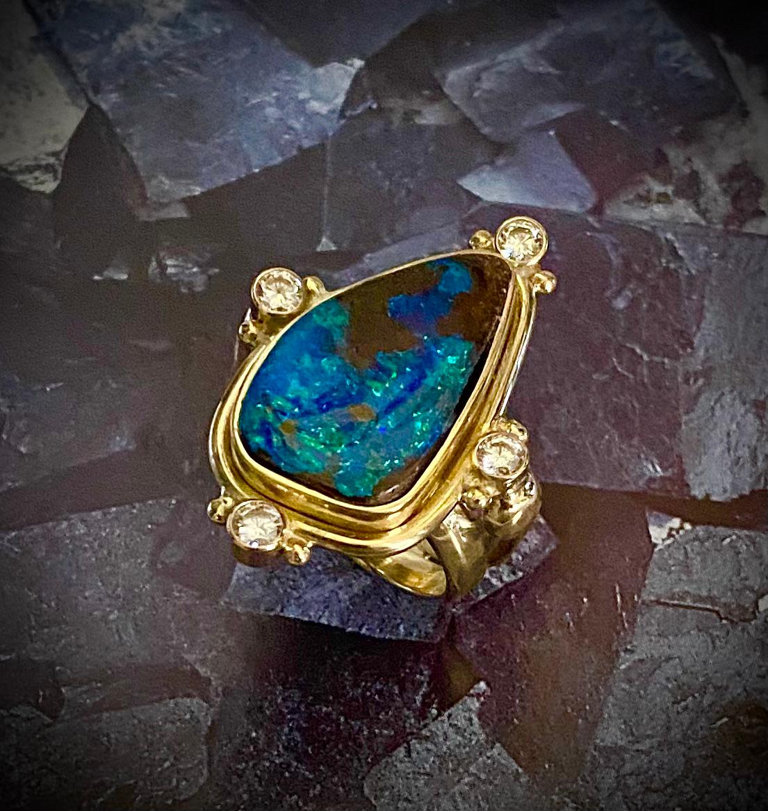 Mixed Cut Michael Kneebone Boulder Opal Diamond Archaic Style Ring