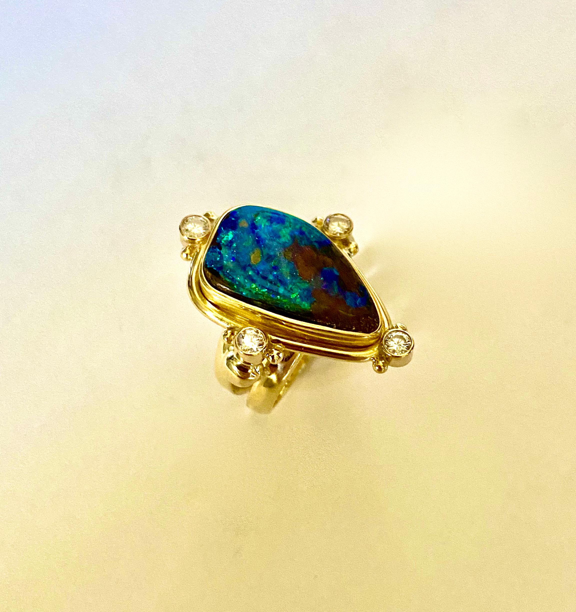 Michael Kneebone Boulder Opal Diamond Archaic Style Ring In New Condition In Austin, TX