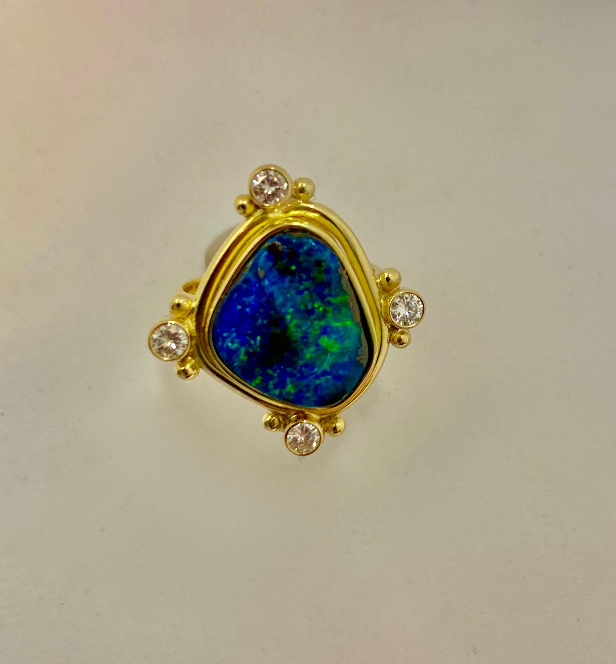 Women's or Men's Michael Kneebone Boulder Opal Diamond Archaic Style Ring For Sale