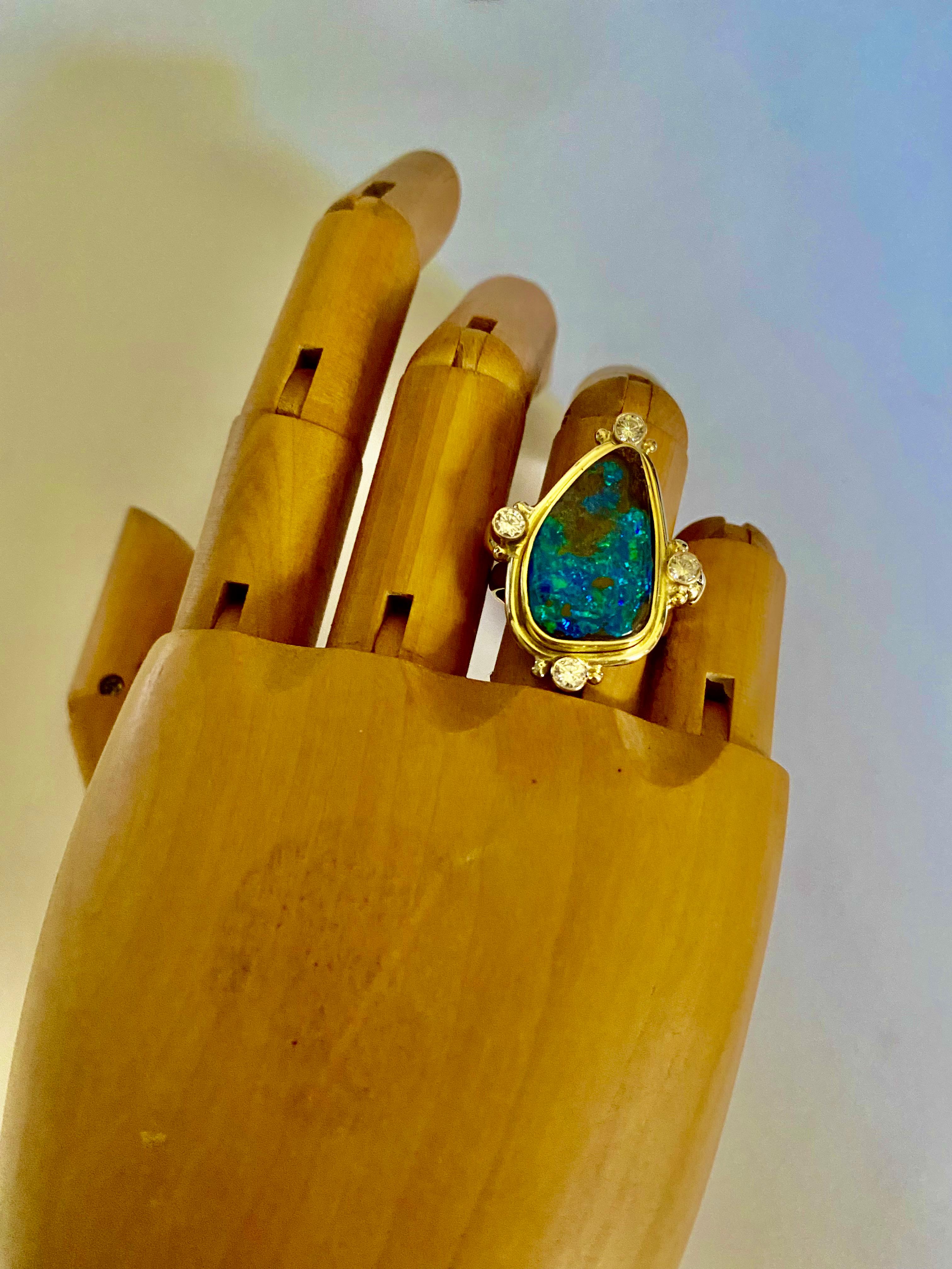Women's or Men's Michael Kneebone Boulder Opal Diamond Archaic Style Ring