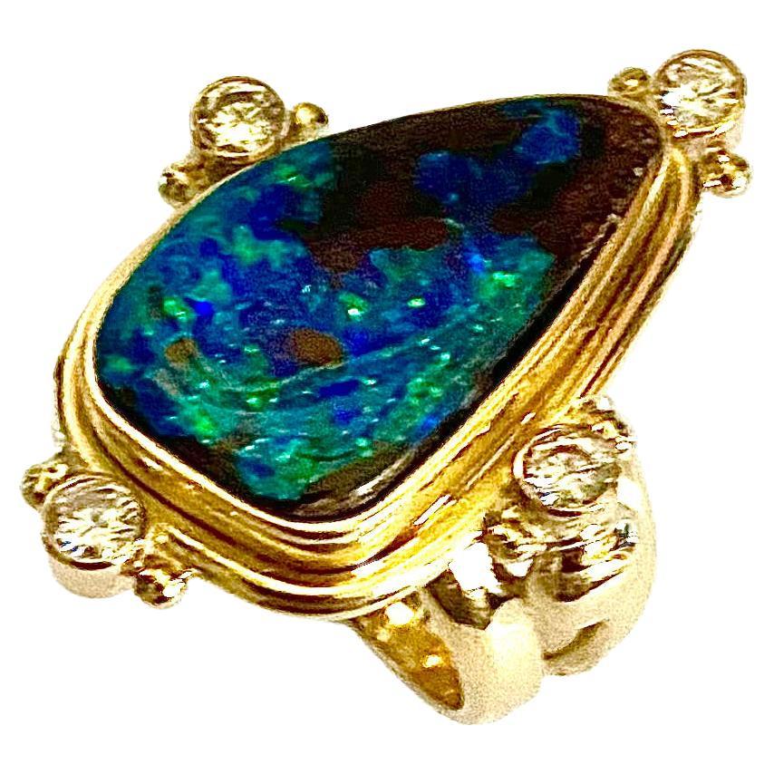 Michael Kneebone Boulder Opal Diamond Archaic Style Ring