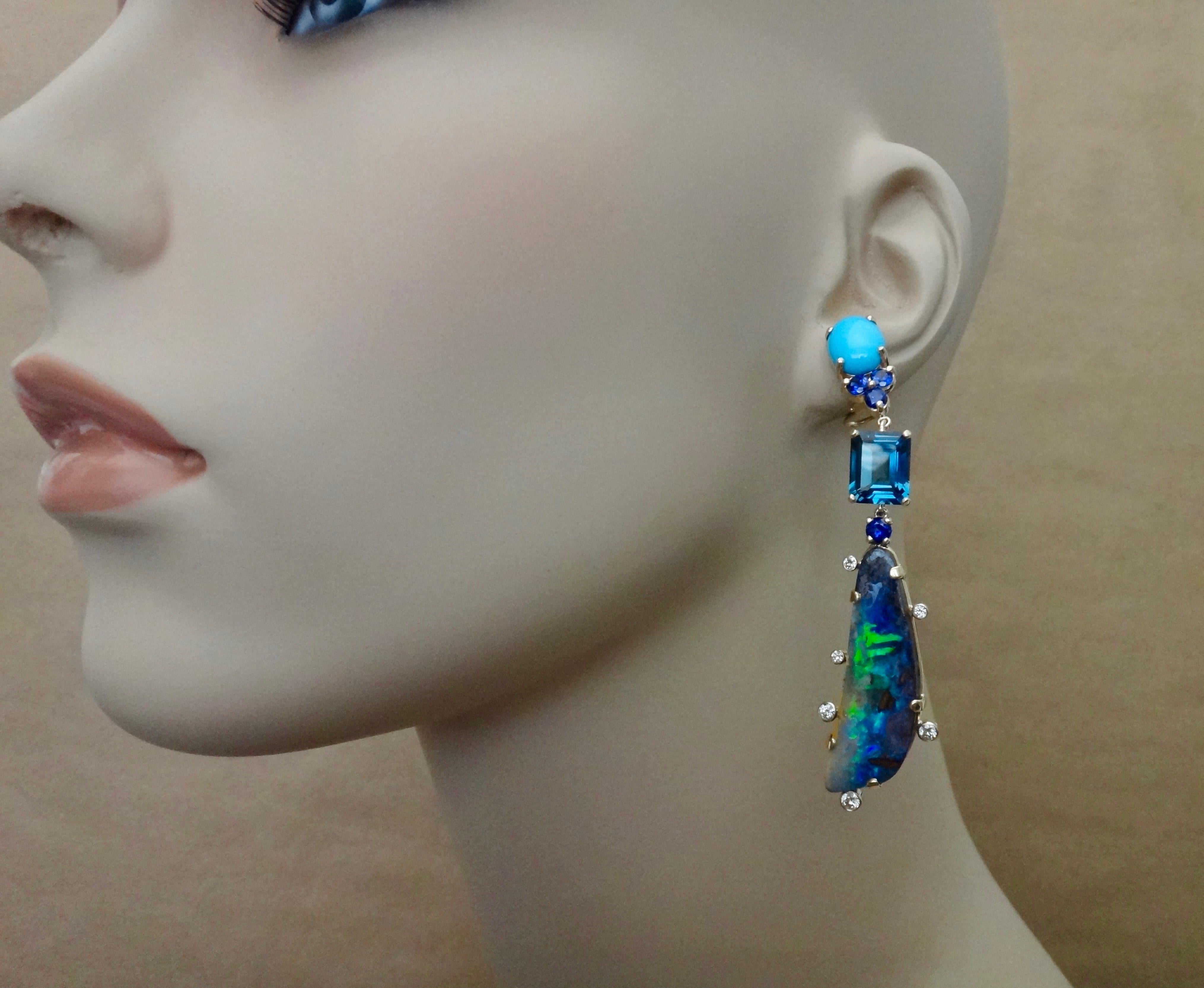 Michael Kneebone Boulder Opal Turquoise Sapphire Topaz Diamond Dangle Earrings 5