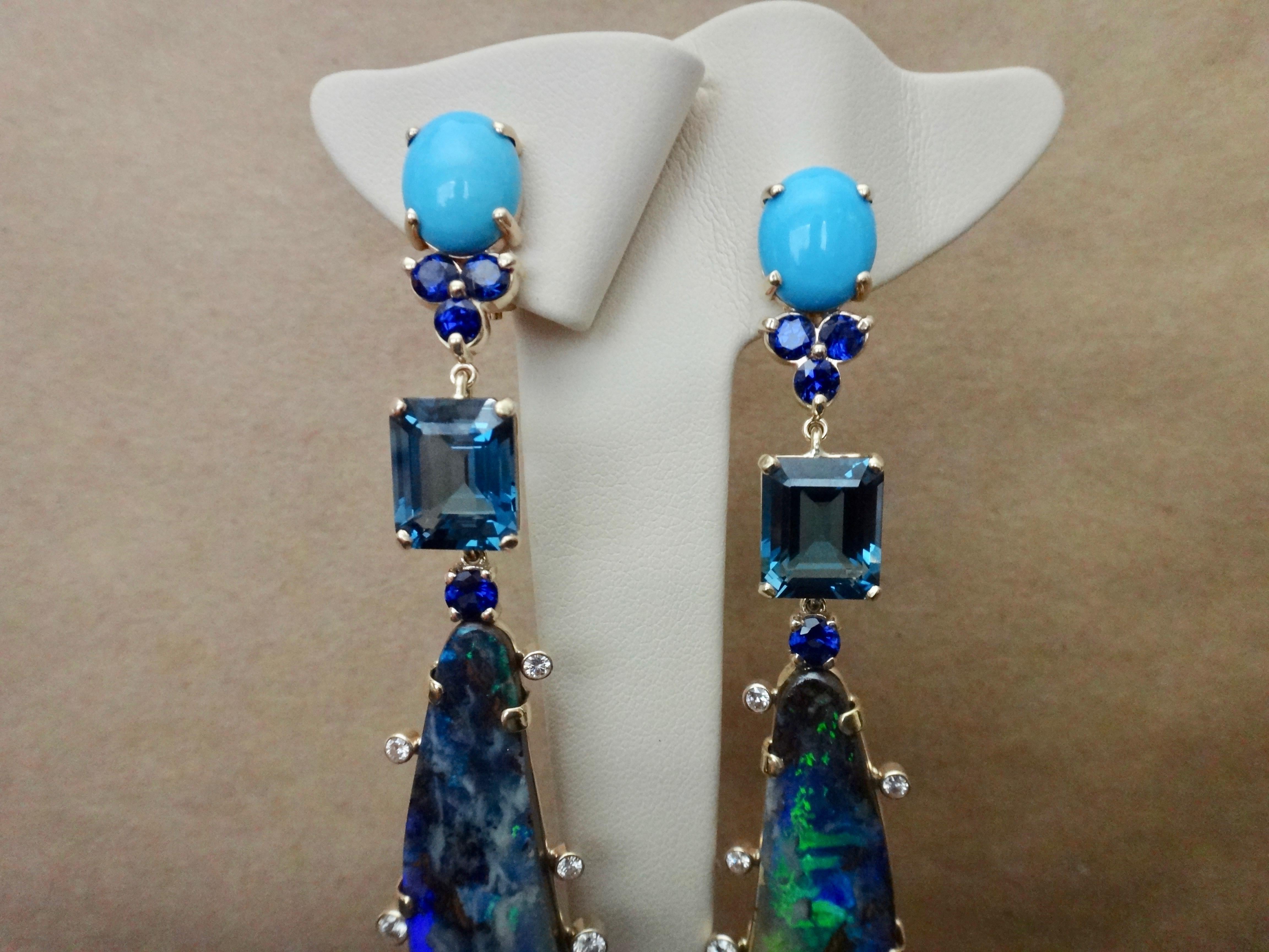 Michael Kneebone Boulder Opal Turquoise Sapphire Topaz Diamond Dangle Earrings 6