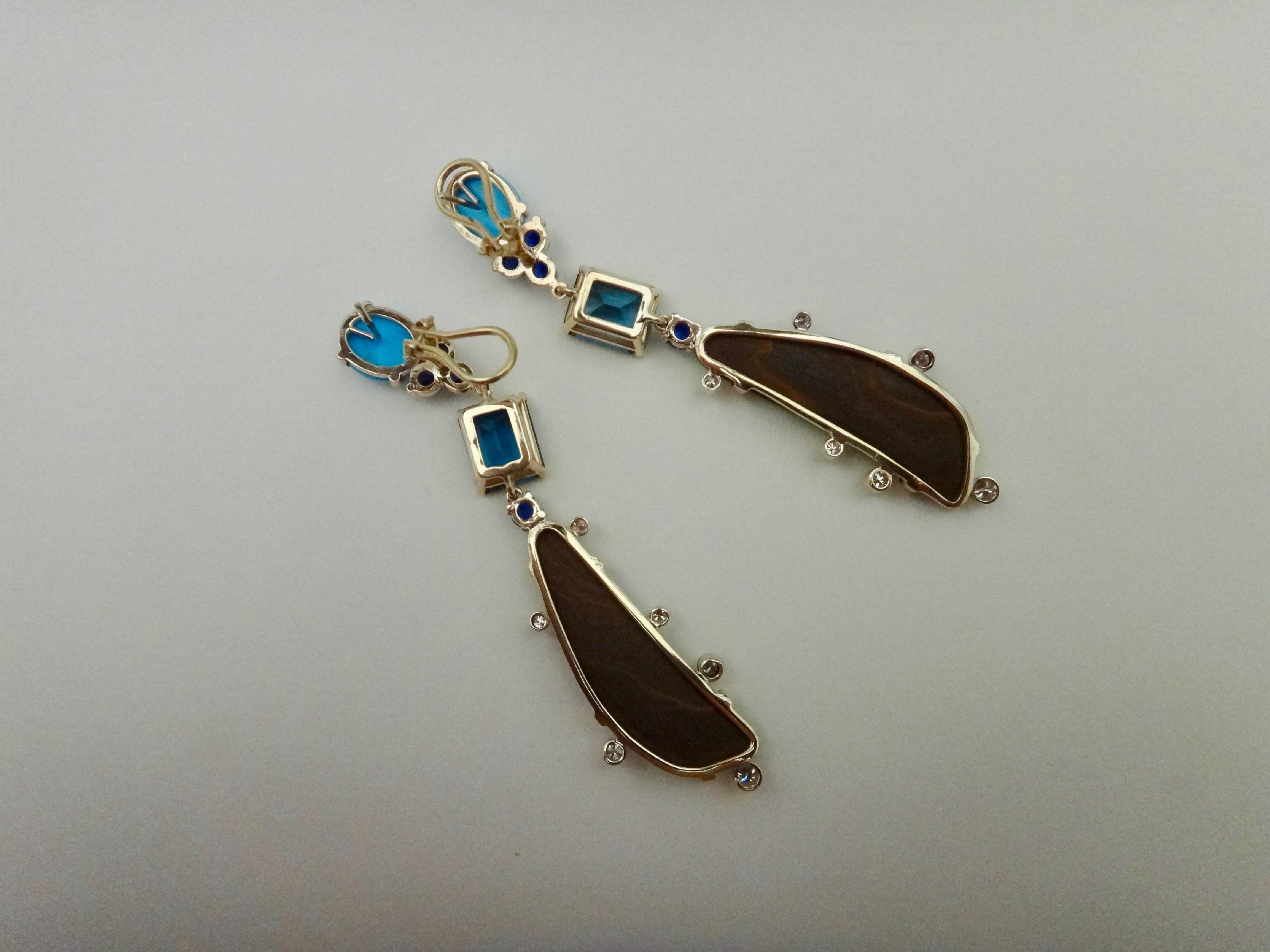 Michael Kneebone Boulder Opal Turquoise Sapphire Topaz Diamond Dangle Earrings 7