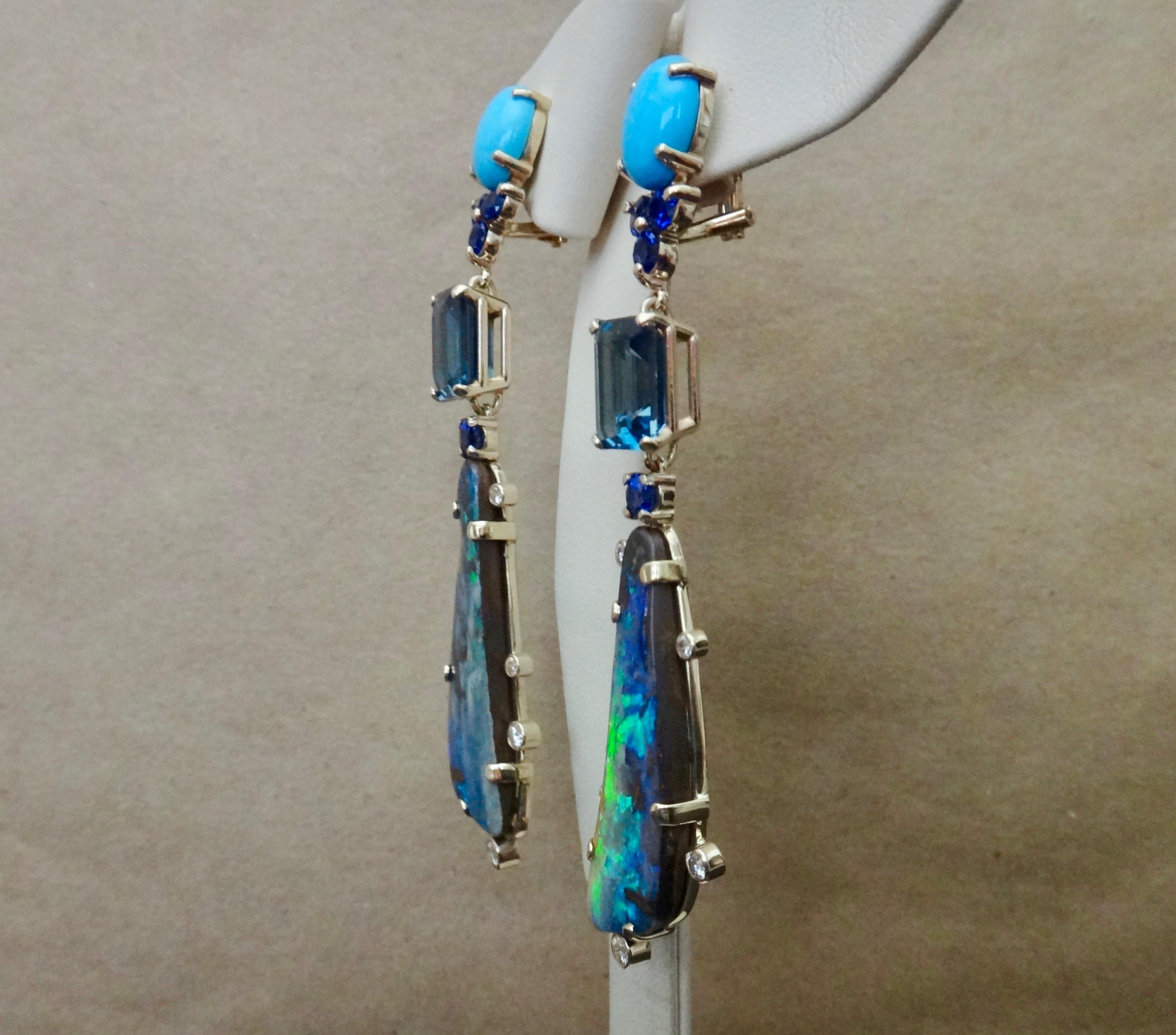 Contemporary Michael Kneebone Boulder Opal Turquoise Sapphire Topaz Diamond Dangle Earrings