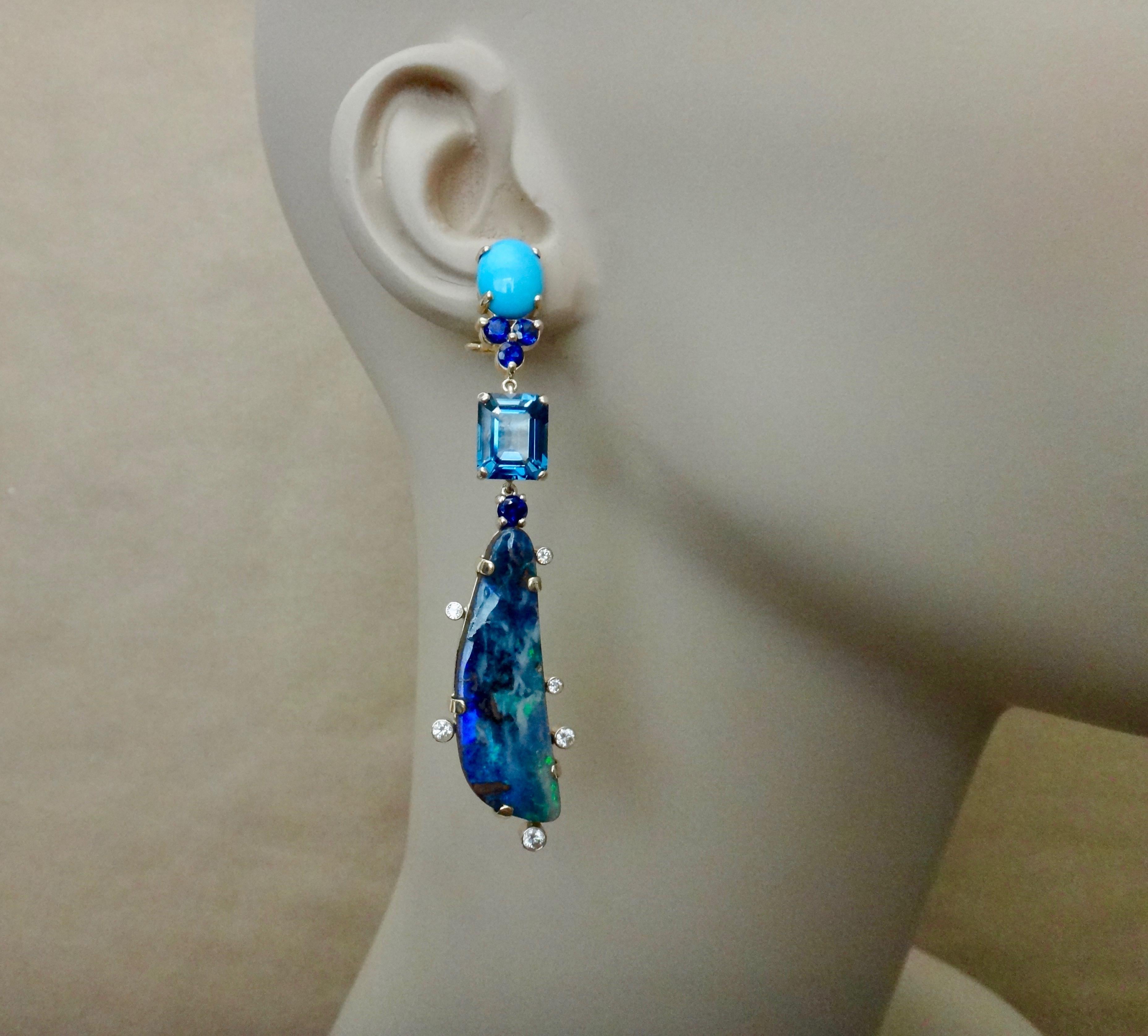 Michael Kneebone Boulder Opal Turquoise Sapphire Topaz Diamond Dangle Earrings In New Condition In Austin, TX