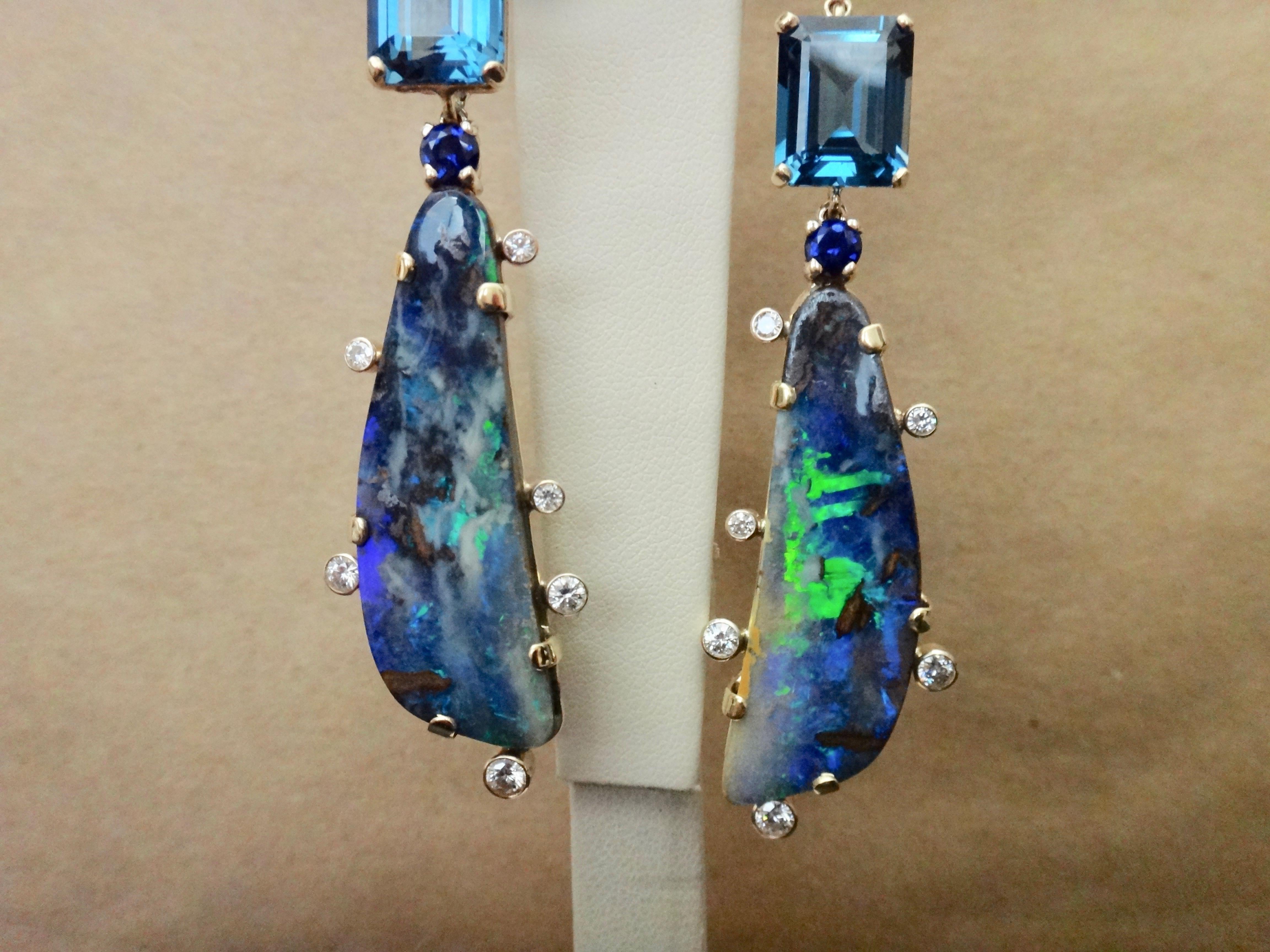 Women's or Men's Michael Kneebone Boulder Opal Turquoise Sapphire Topaz Diamond Dangle Earrings