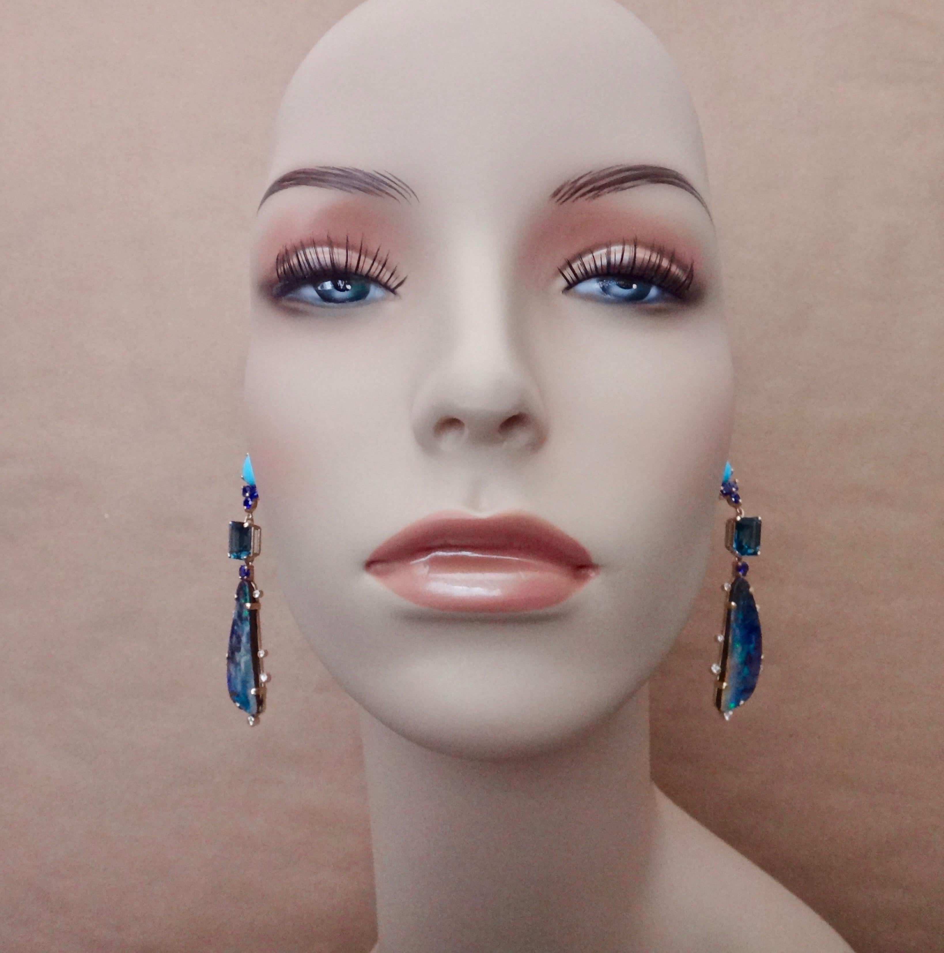 Michael Kneebone Boulder Opal Turquoise Sapphire Topaz Diamond Dangle Earrings 1