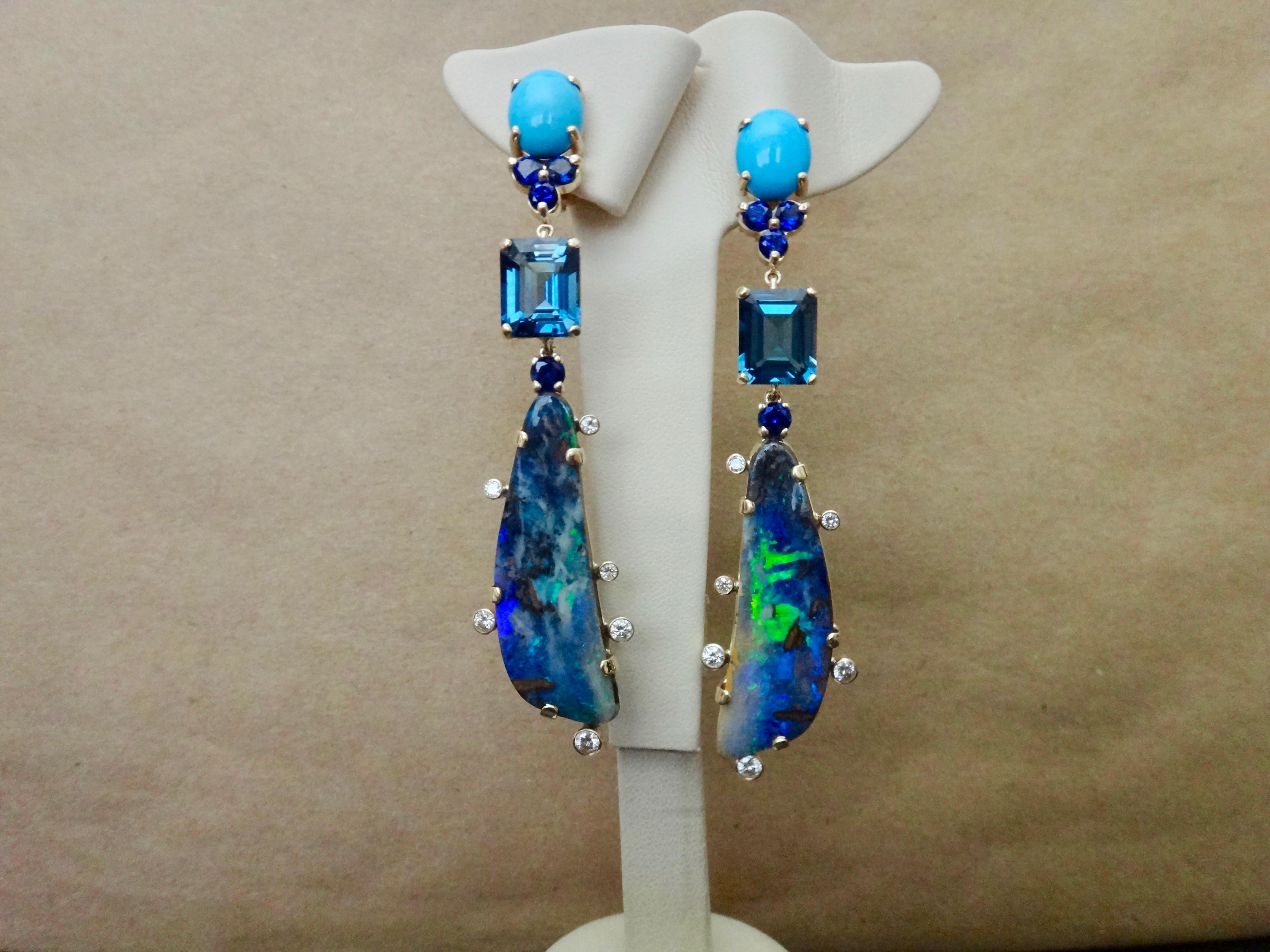 Michael Kneebone Boulder Opal Turquoise Sapphire Topaz Diamond Dangle Earrings 2