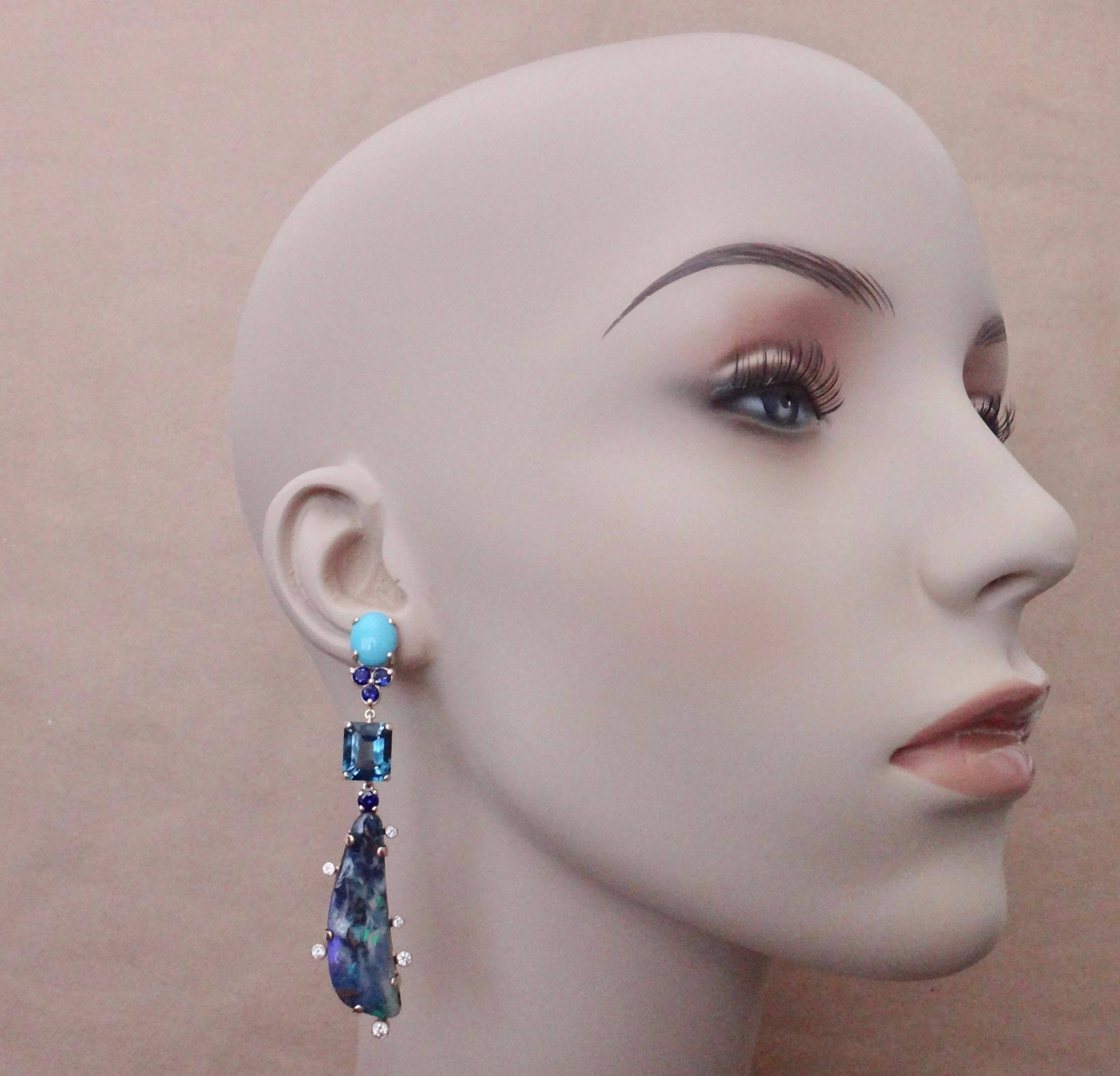 Michael Kneebone Boulder Opal Turquoise Sapphire Topaz Diamond Dangle Earrings 3