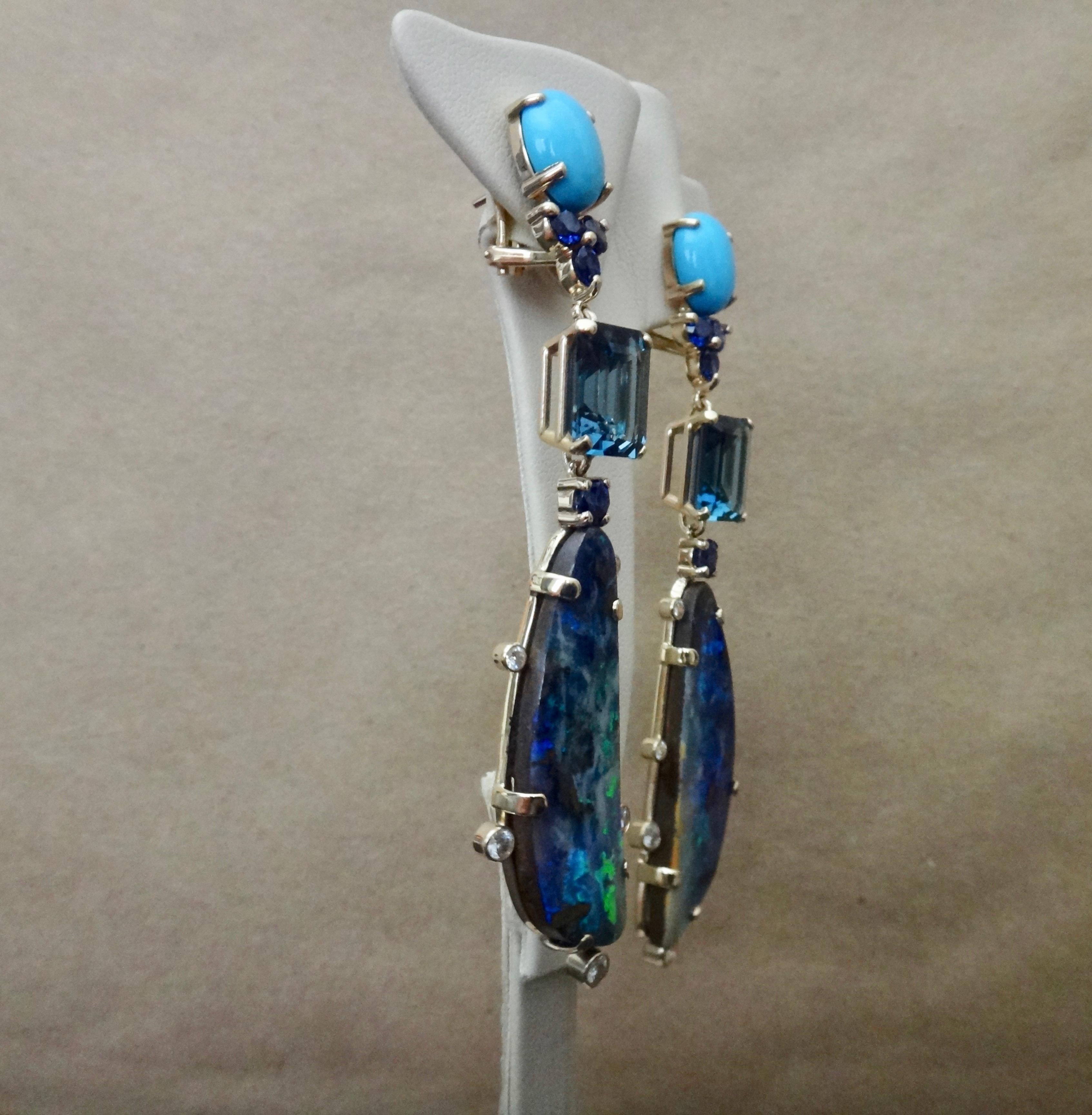 Michael Kneebone Boulder Opal Turquoise Sapphire Topaz Diamond Dangle Earrings 4