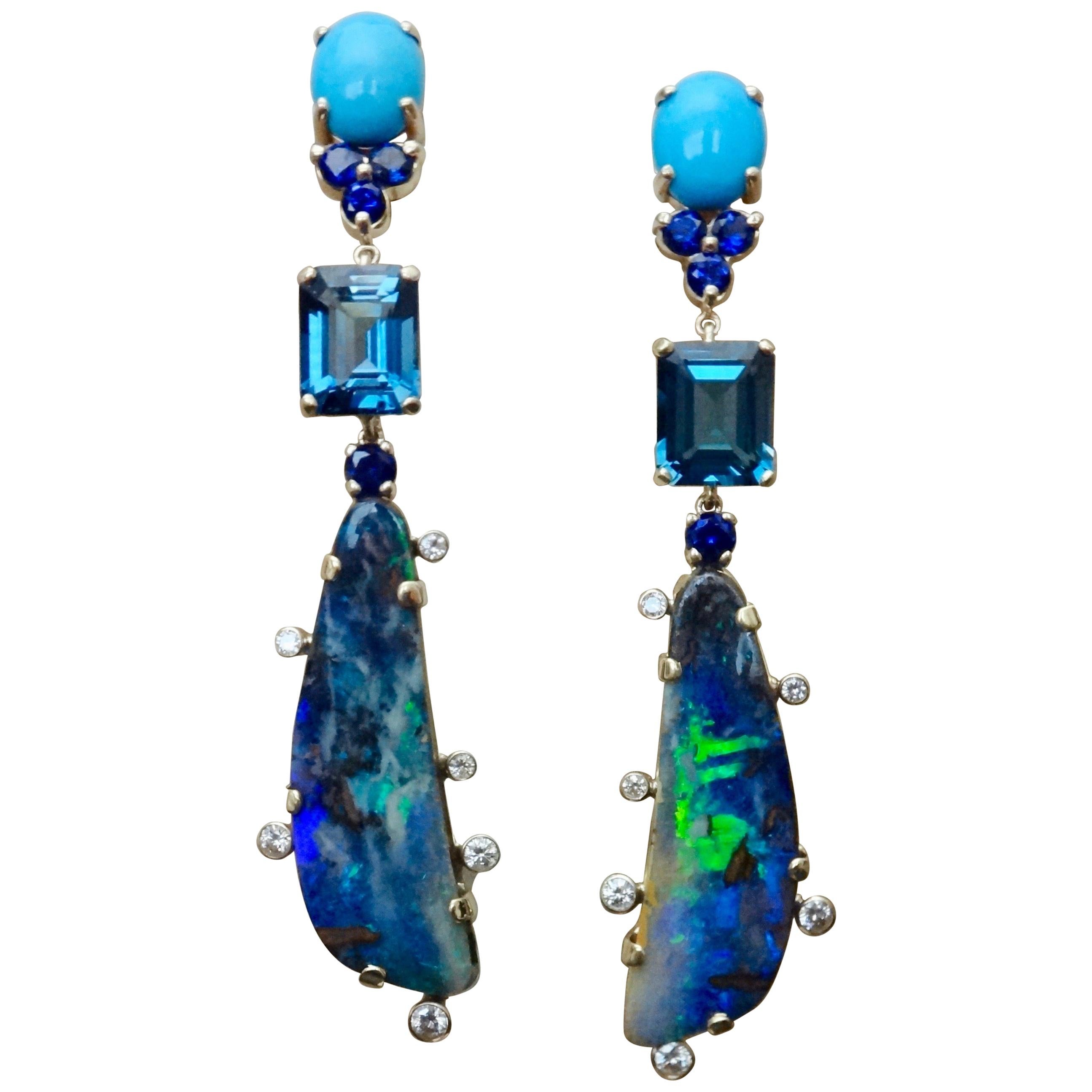 Michael Kneebone Boulder Opal Turquoise Sapphire Topaz Diamond Dangle Earrings