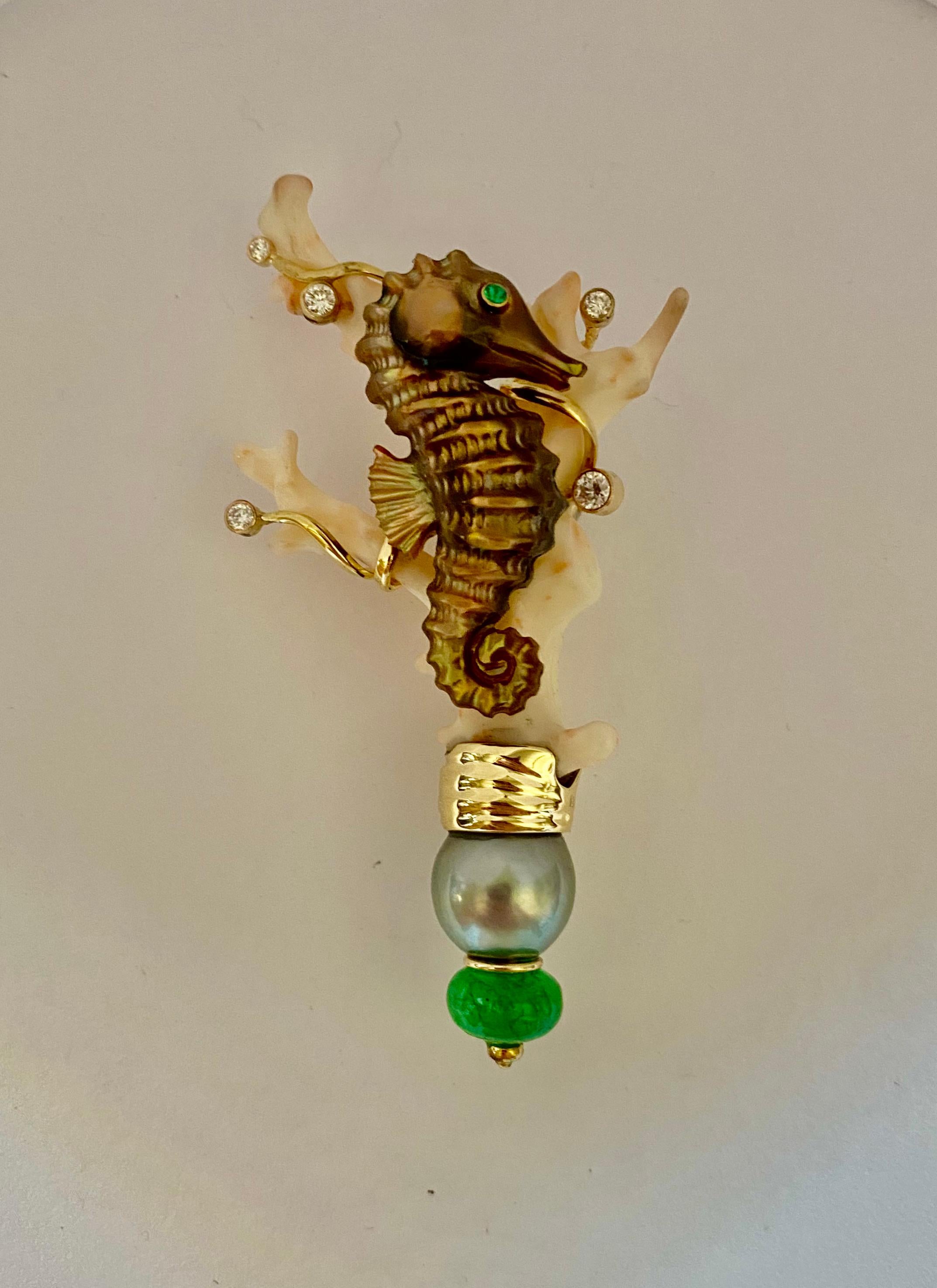 Mixed Cut Michael Kneebone Branch Coral Shell Emerald Diamond Seahorse Brooch For Sale