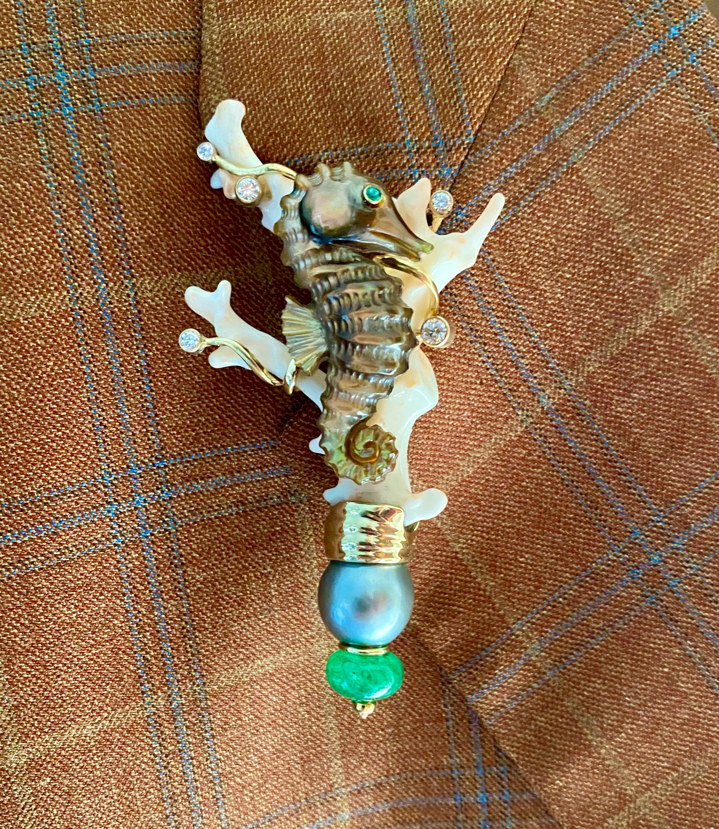 Michael Kneebone Branch Coral Shell Emerald Diamond Seahorse Brooch In New Condition For Sale In Austin, TX