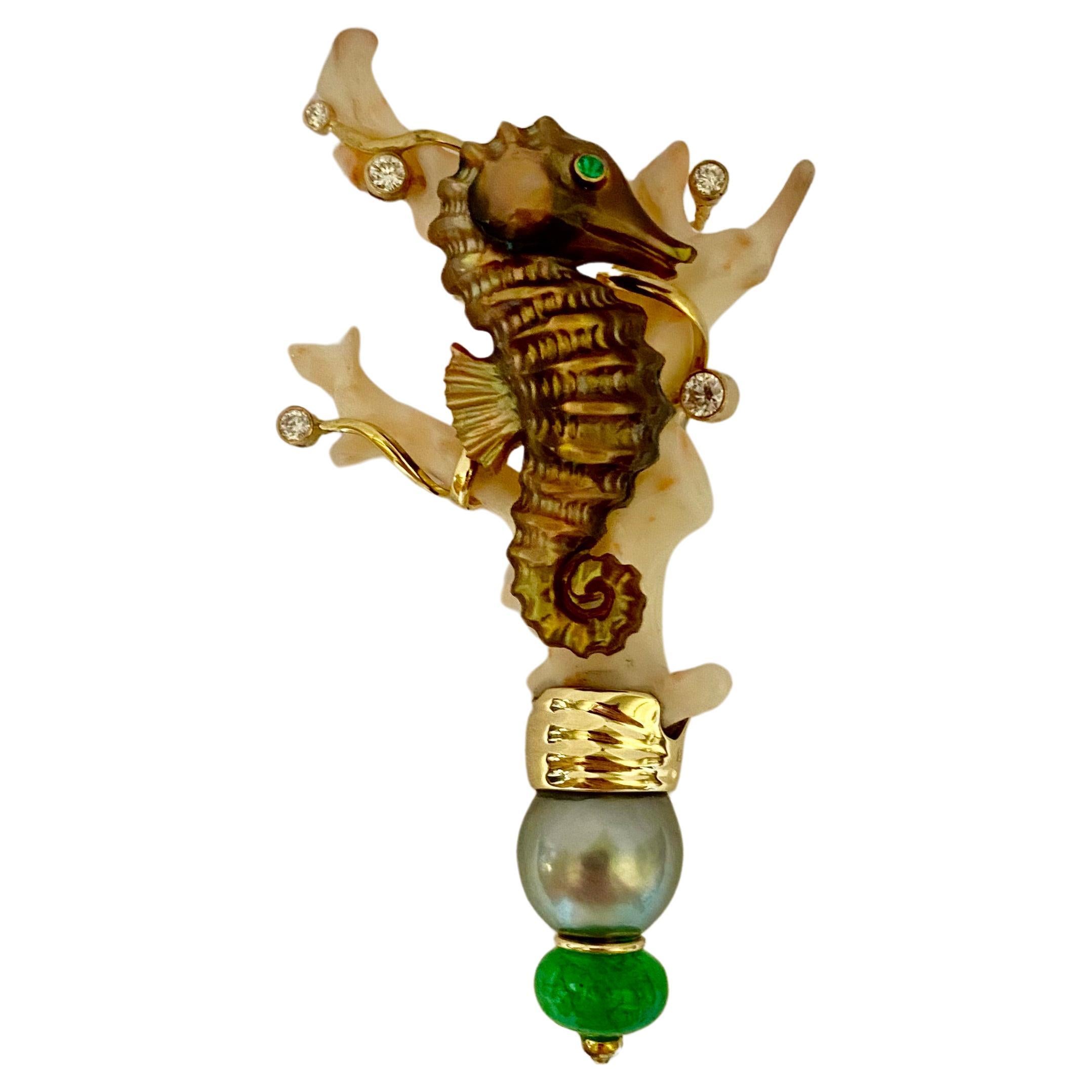 Michael Kneebone Branch Coral Shell Emerald Diamond Seahorse Brooch For Sale