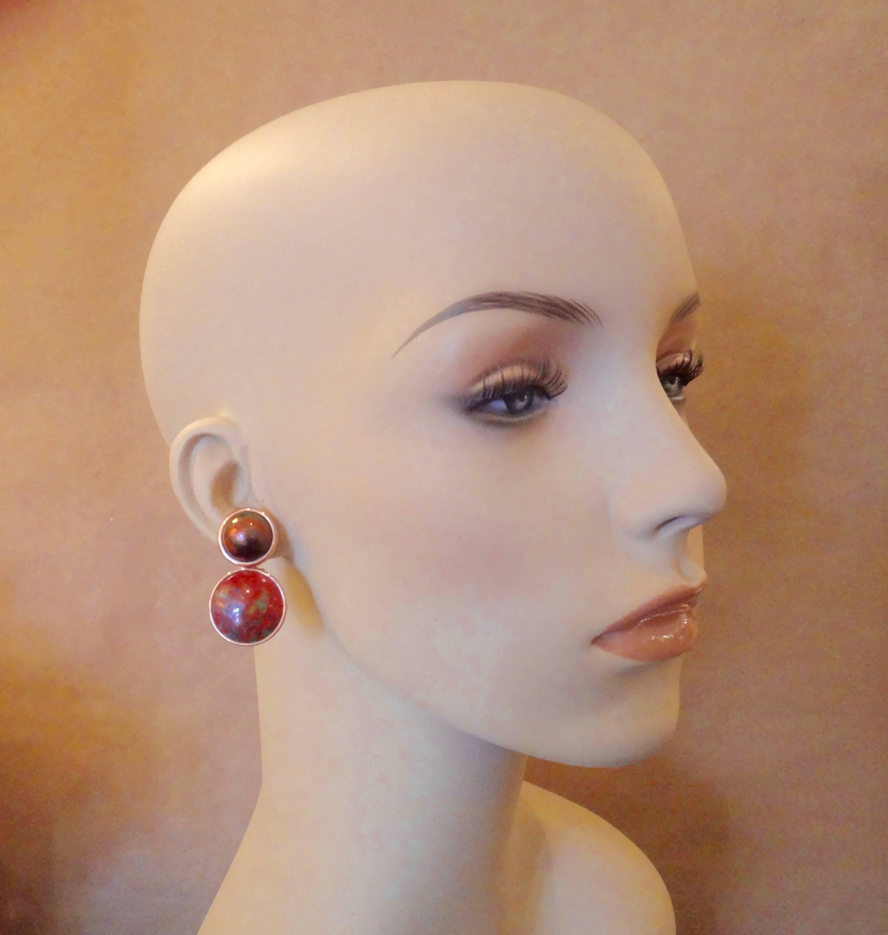 Michael Kneebone Bronze Mobe Pearl Red Jasper Pink Gold Drop Earrings In Excellent Condition In Austin, TX