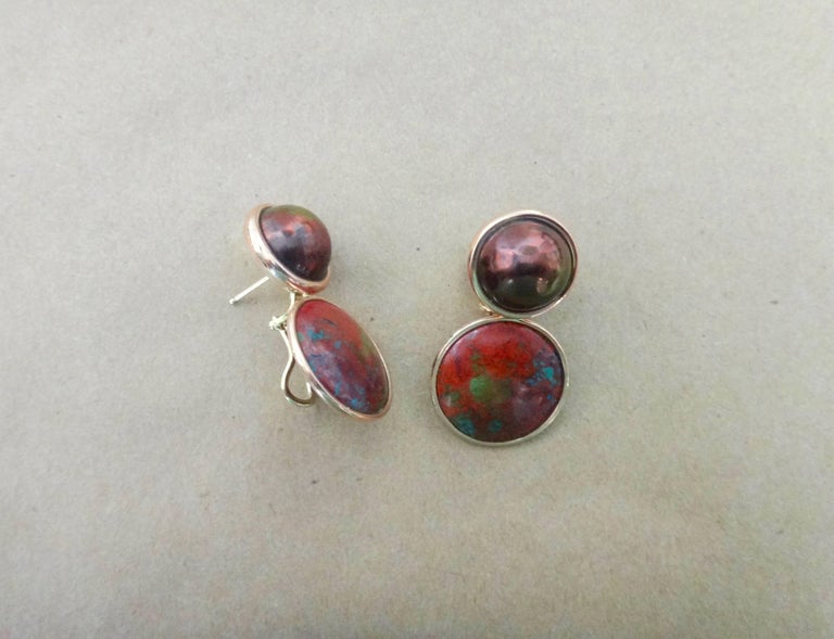 Michael Kneebone Bronze Mobe Pearl Red Jasper Pink Gold Drop Earrings For Sale 1