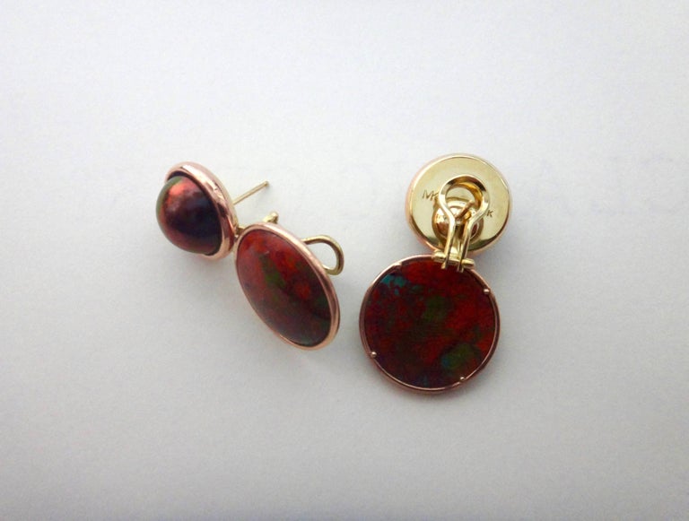 Michael Kneebone Bronze Mobe Pearl Red Jasper Pink Gold Drop Earrings For Sale 2