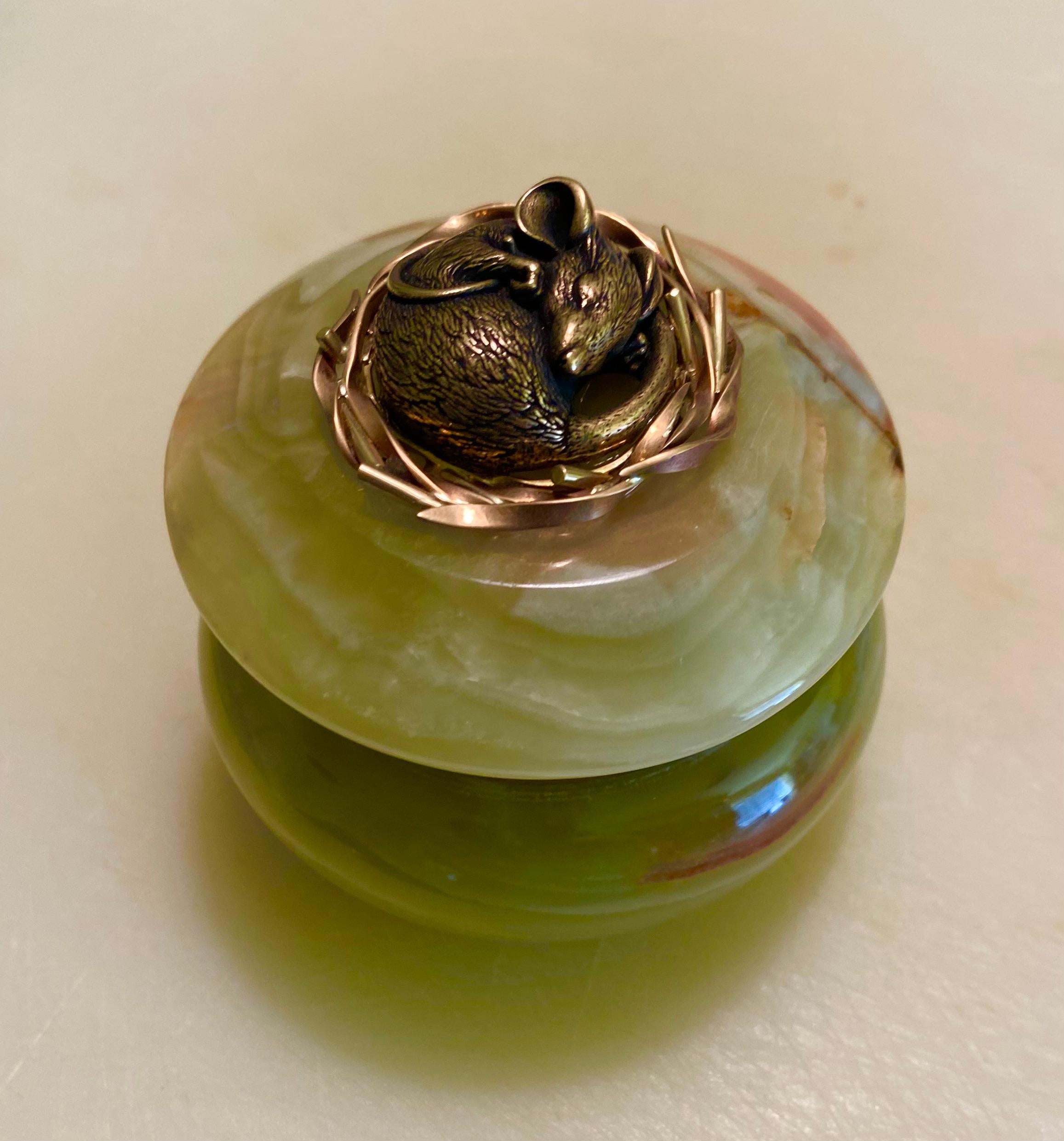 Contemporary Michael Kneebone Bronze Sleeping Dormouse Onyx Gold Ring Box For Sale