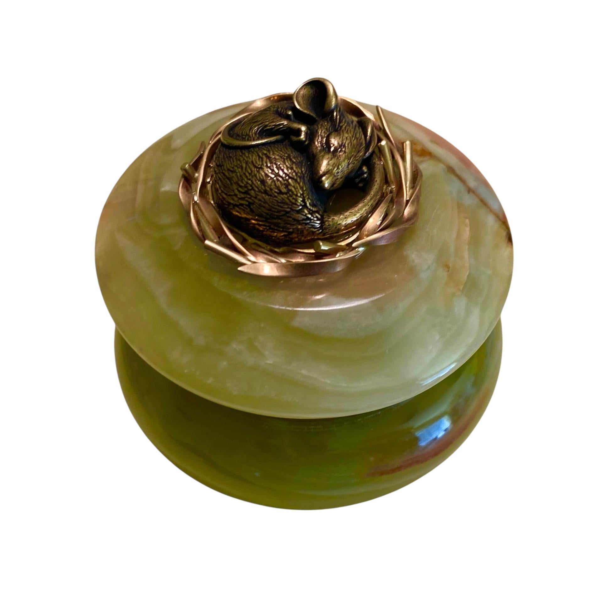 Mixed Cut Michael Kneebone Bronze Sleeping Dormouse Onyx Gold Ring Box For Sale