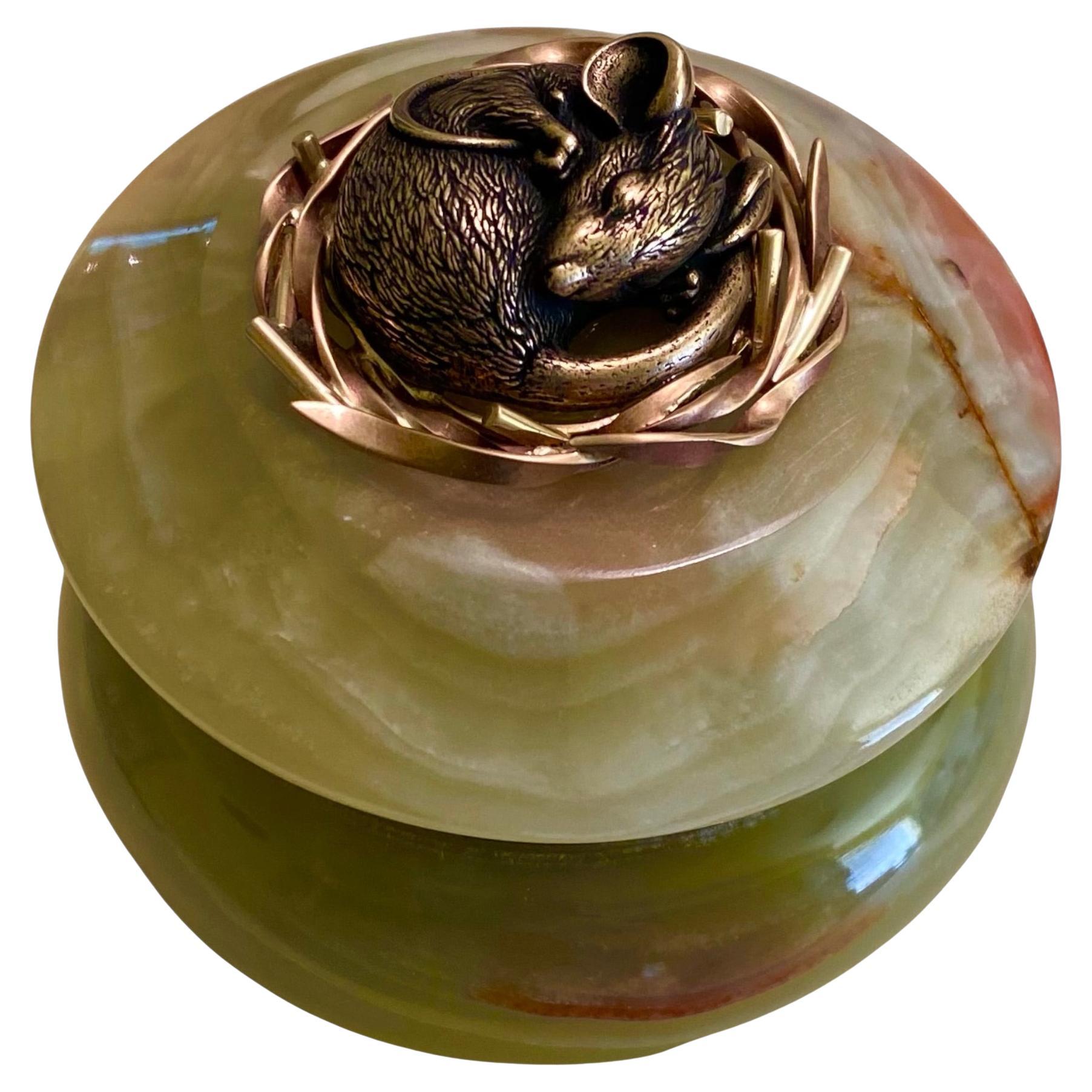 Michael Kneebone Bronze Sleeping Dormouse Onyx Gold Ring Box For Sale