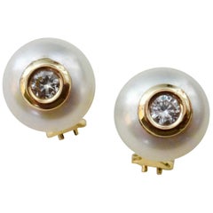 Michael Kneebone Button Pearl Inlayed White Diamond Stud Earrings