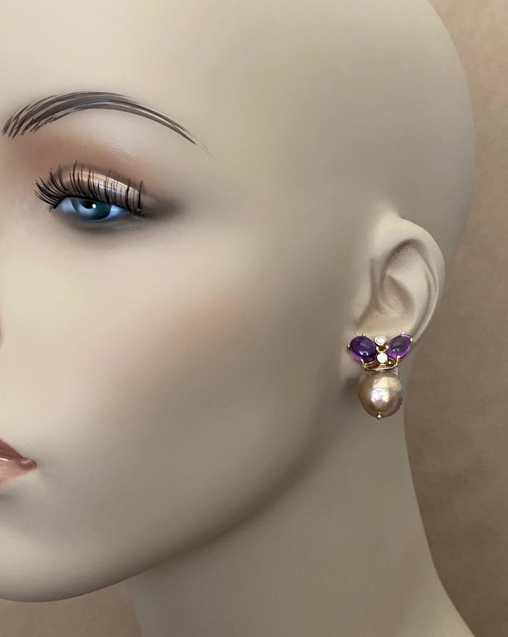 Contemporary Michael Kneebone Cabochon Amethyst Diamond Japanese Pearl Drop Earrings