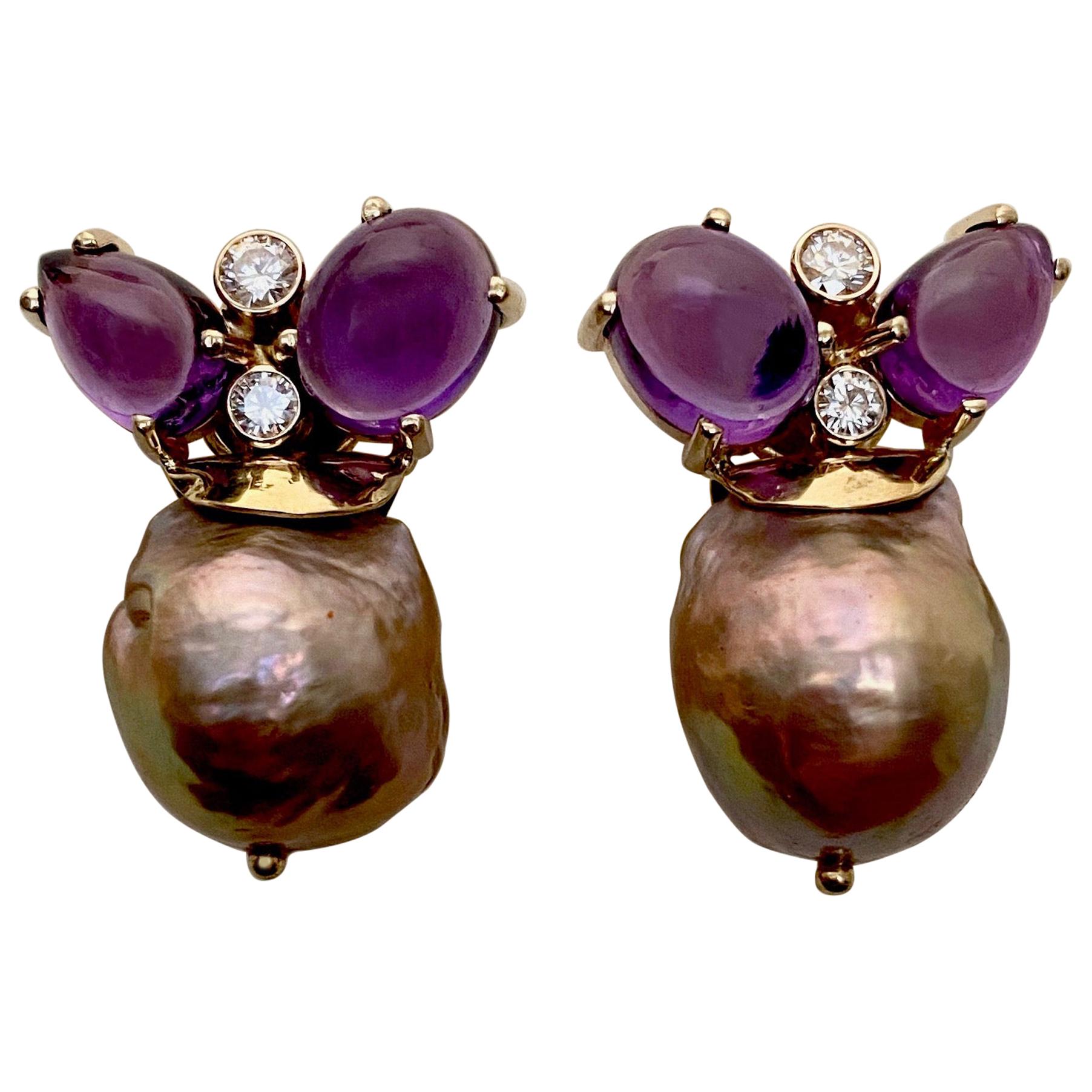 Michael Kneebone Cabochon Amethyst Diamond Japanese Pearl Drop Earrings