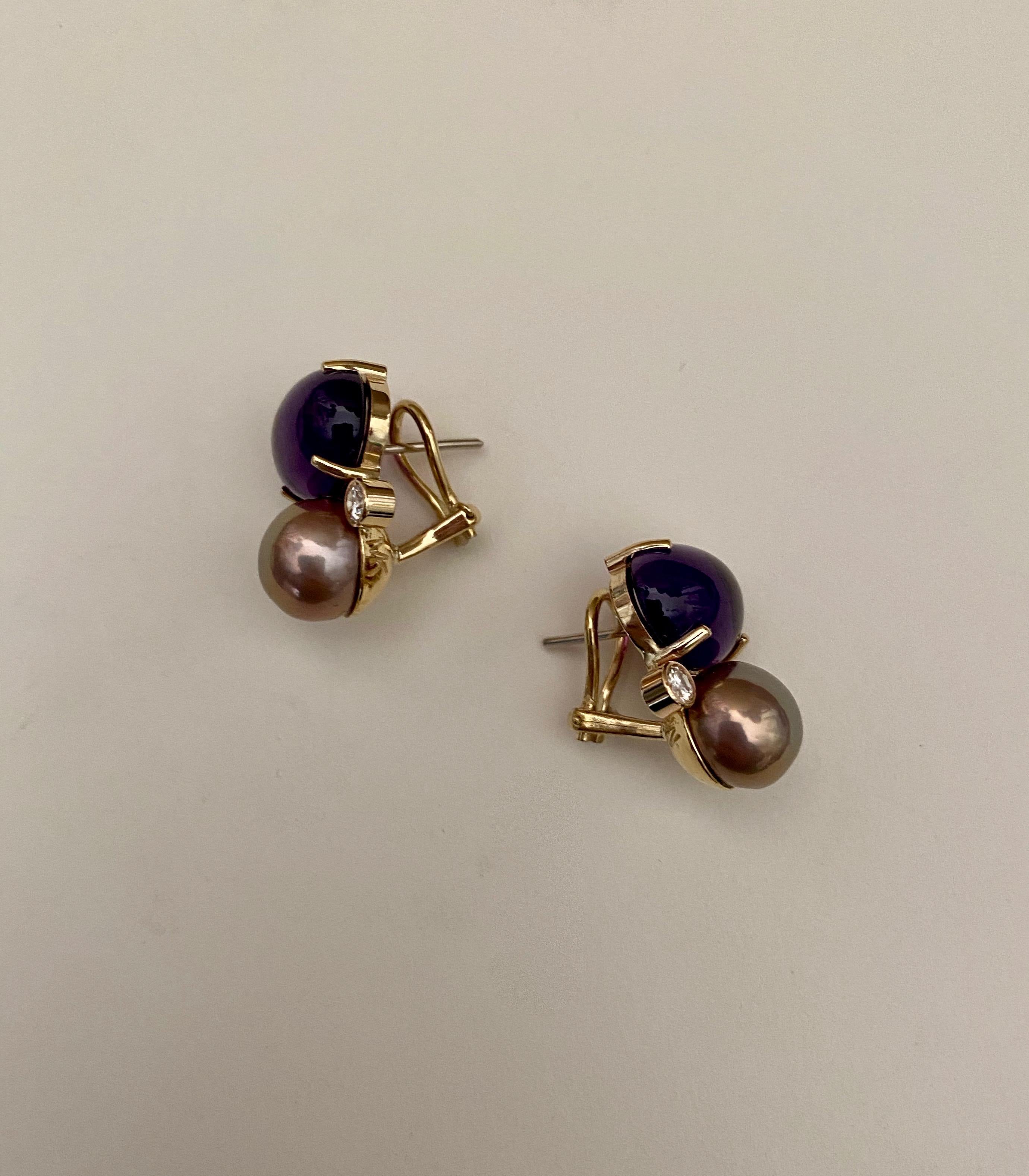 Michael Kneebone Cabochon Amethyst Diamond Lavender Pearl Button Earrings For Sale 4