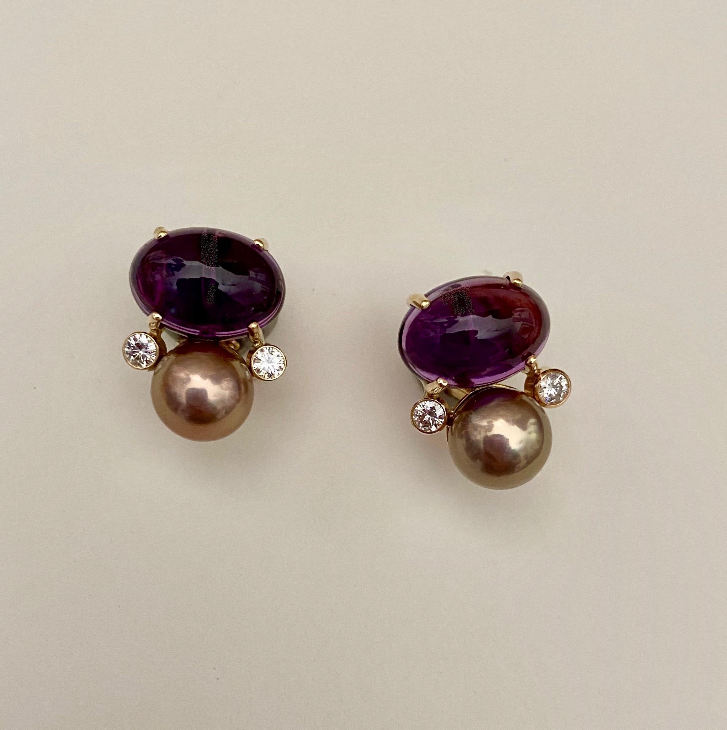 Contemporary Michael Kneebone Cabochon Amethyst Diamond Lavender Pearl Button Earrings For Sale
