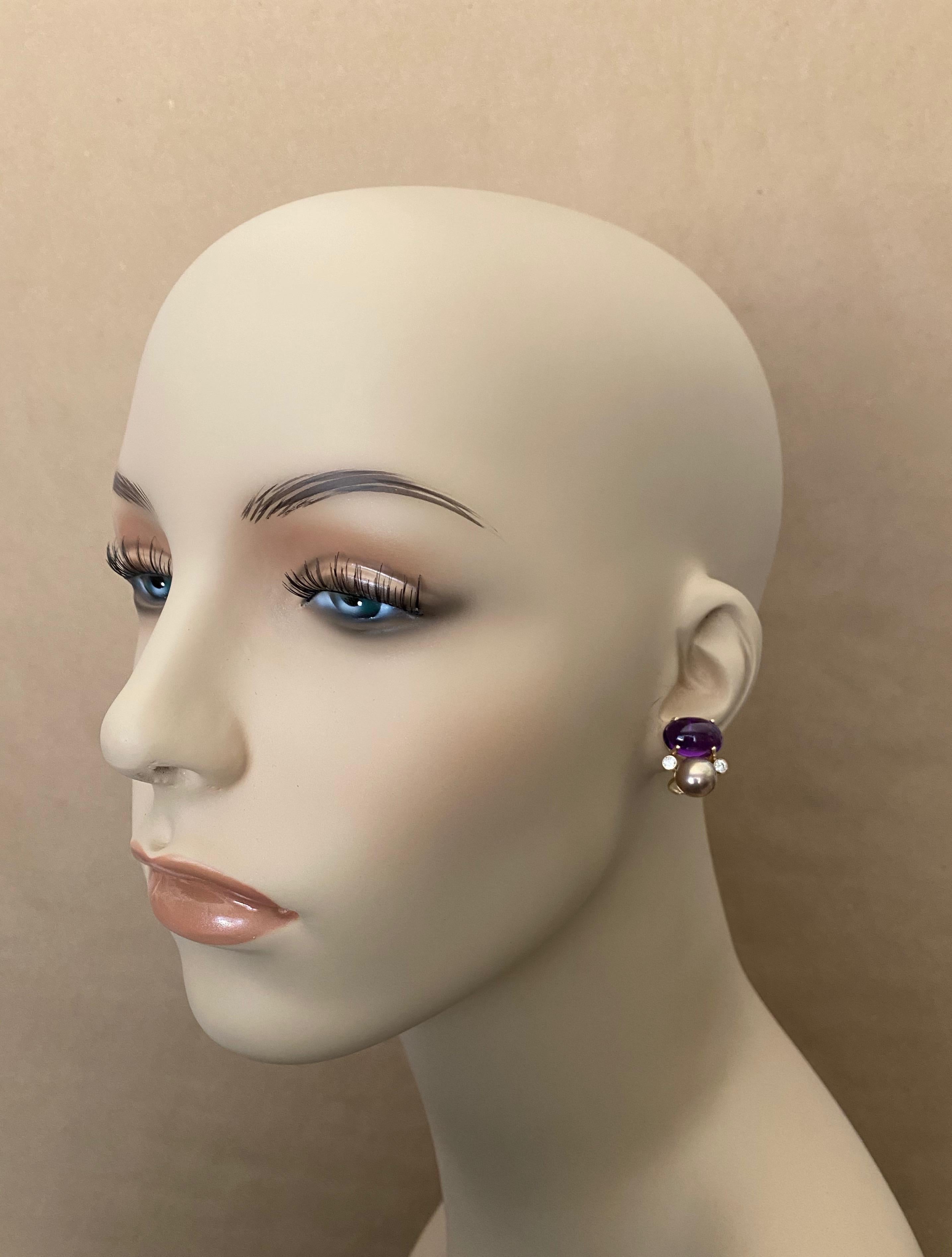 Mixed Cut Michael Kneebone Cabochon Amethyst Diamond Lavender Pearl Button Earrings For Sale