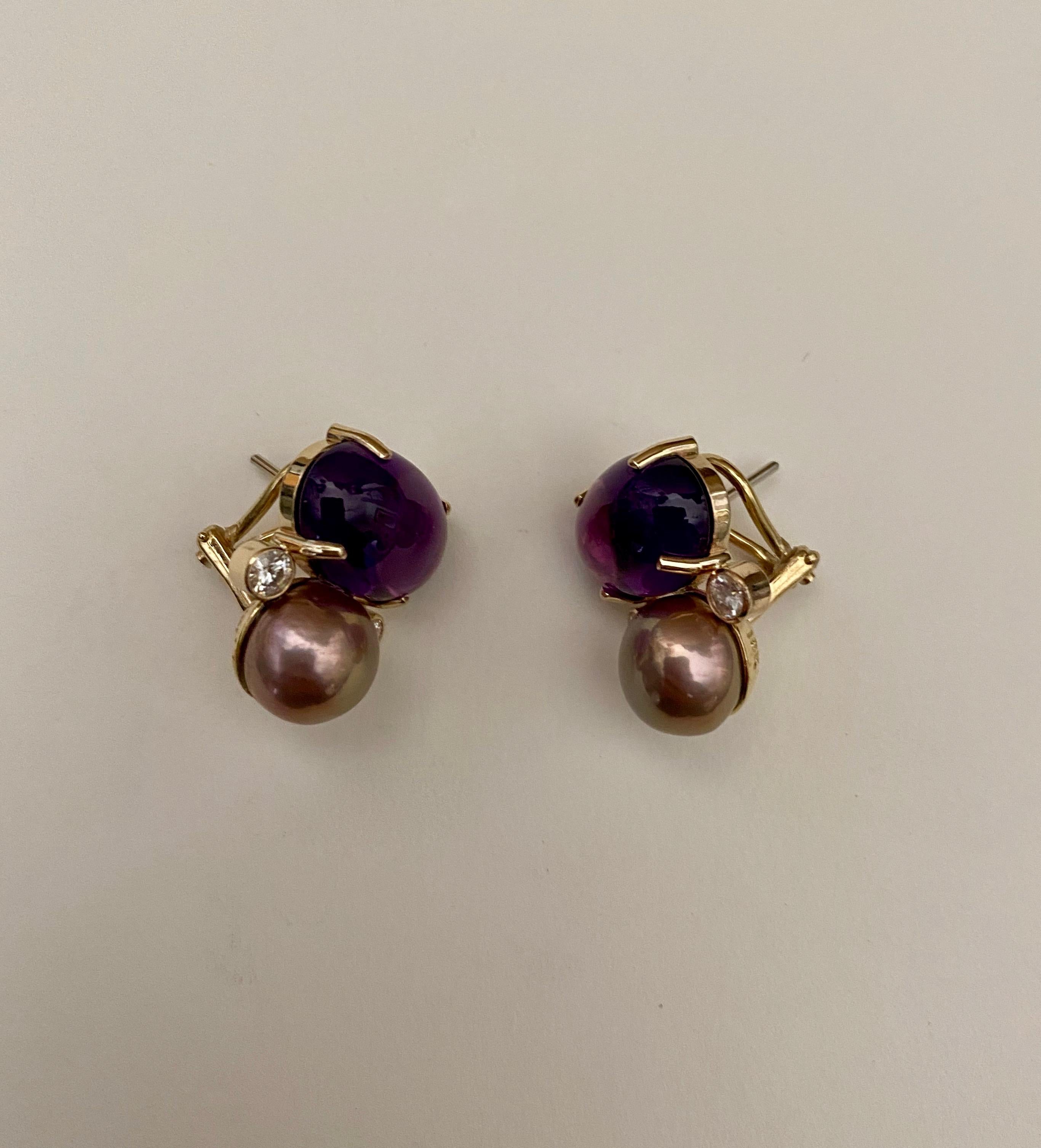 Michael Kneebone Cabochon Amethyst Diamond Lavender Pearl Button Earrings In New Condition For Sale In Austin, TX
