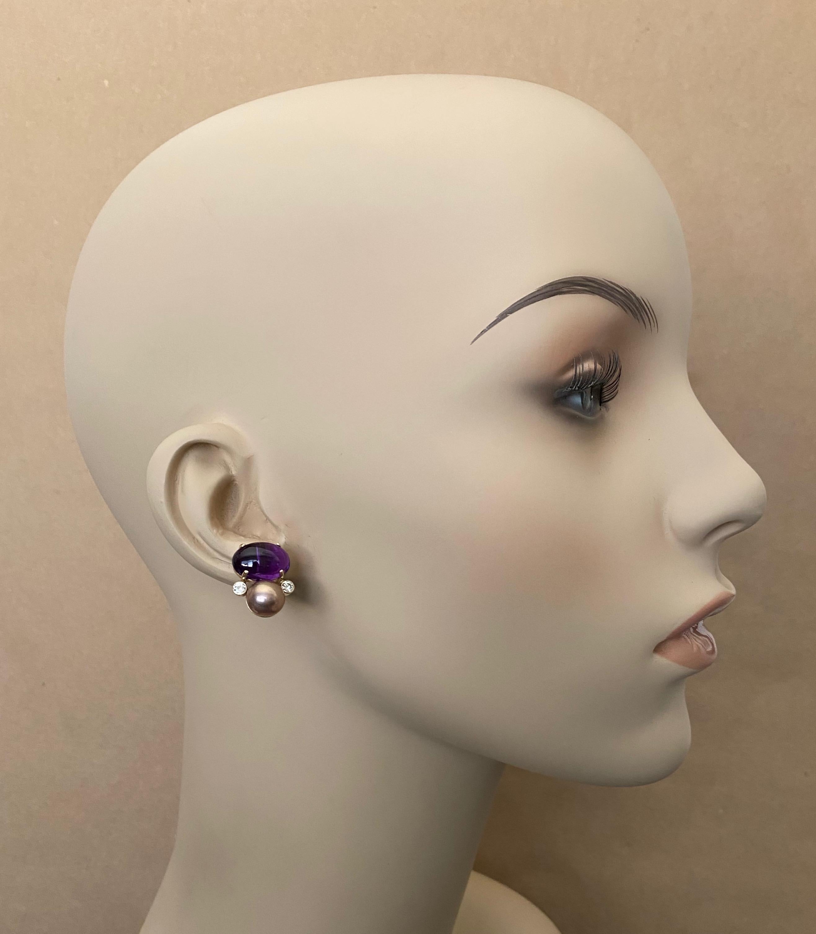 Women's Michael Kneebone Cabochon Amethyst Diamond Lavender Pearl Button Earrings For Sale