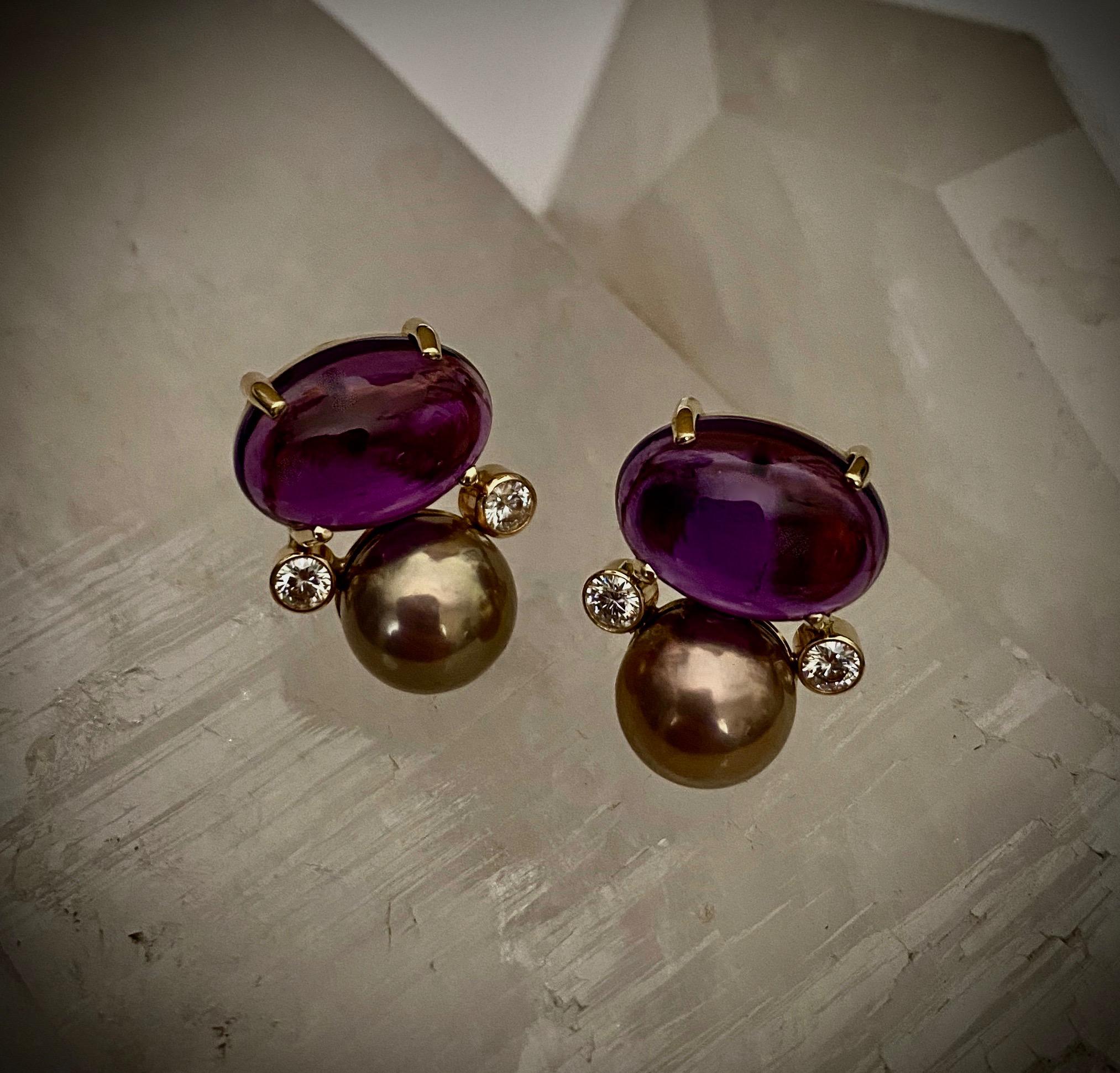 Michael Kneebone Cabochon Amethyst Diamond Lavender Pearl Button Earrings For Sale 1