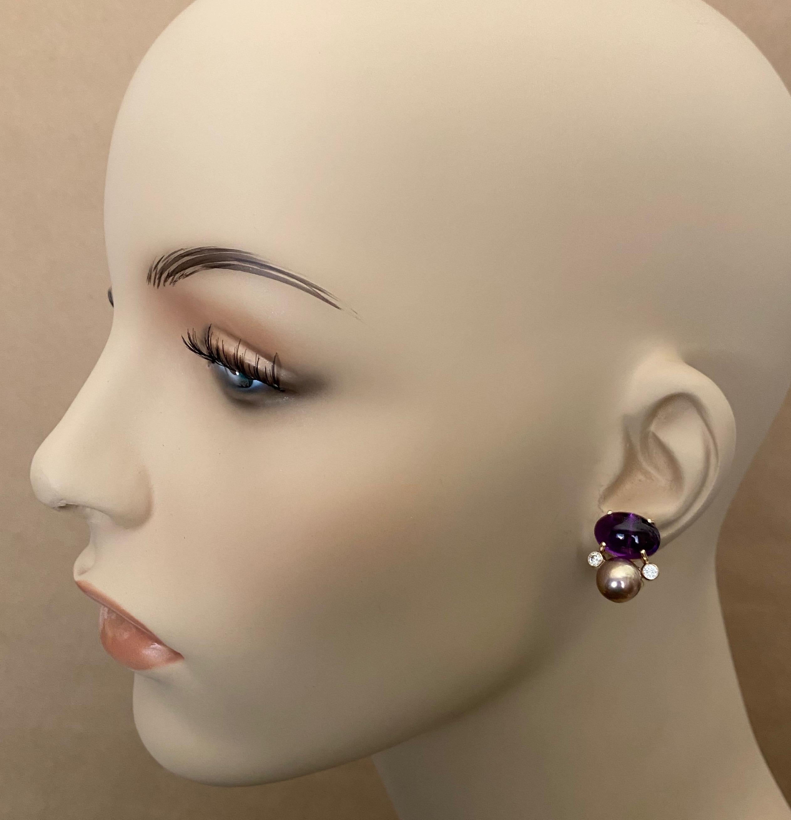 Michael Kneebone Cabochon Amethyst Diamond Lavender Pearl Button Earrings For Sale 2