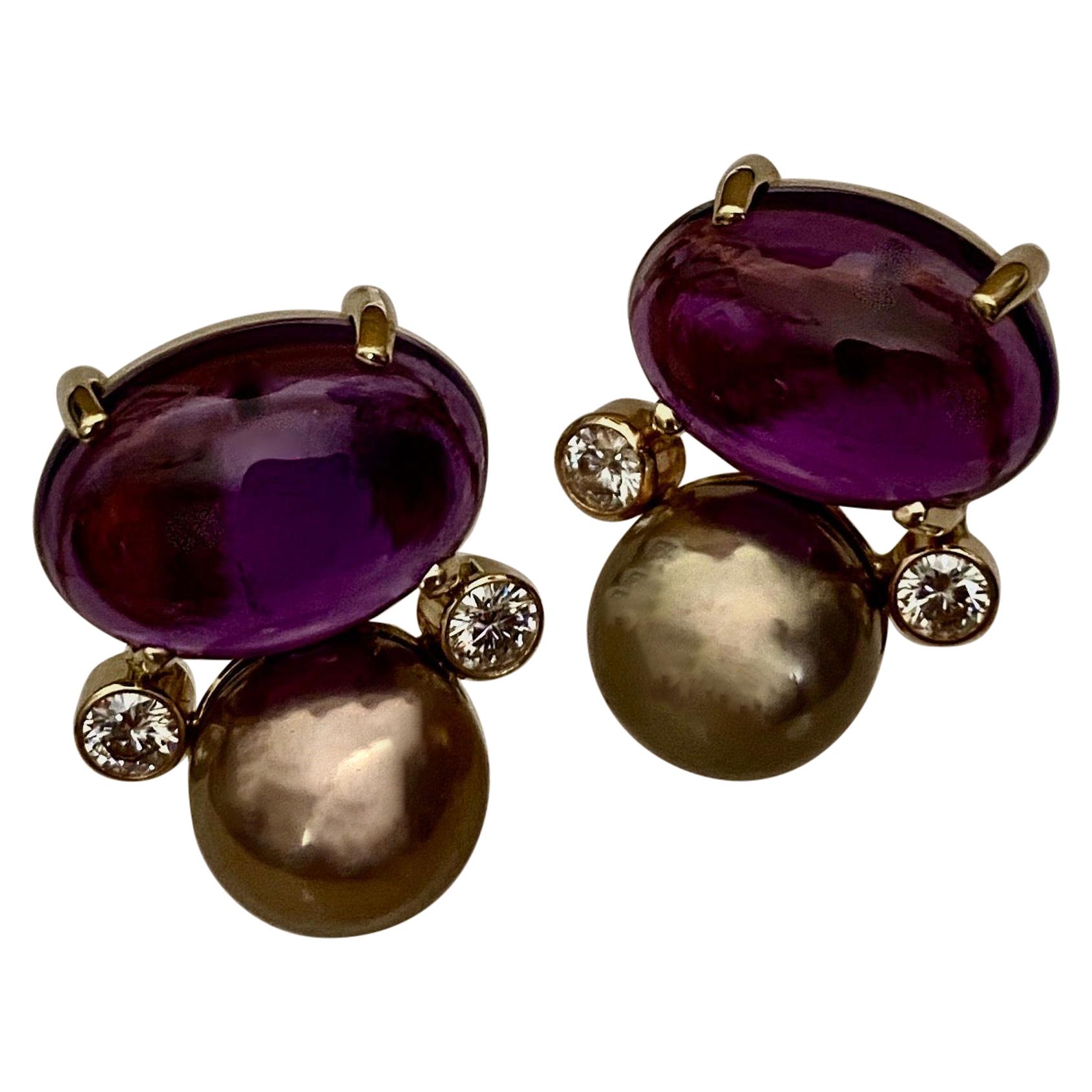 Michael Kneebone Cabochon Amethyst Diamond Lavender Pearl Button Earrings
