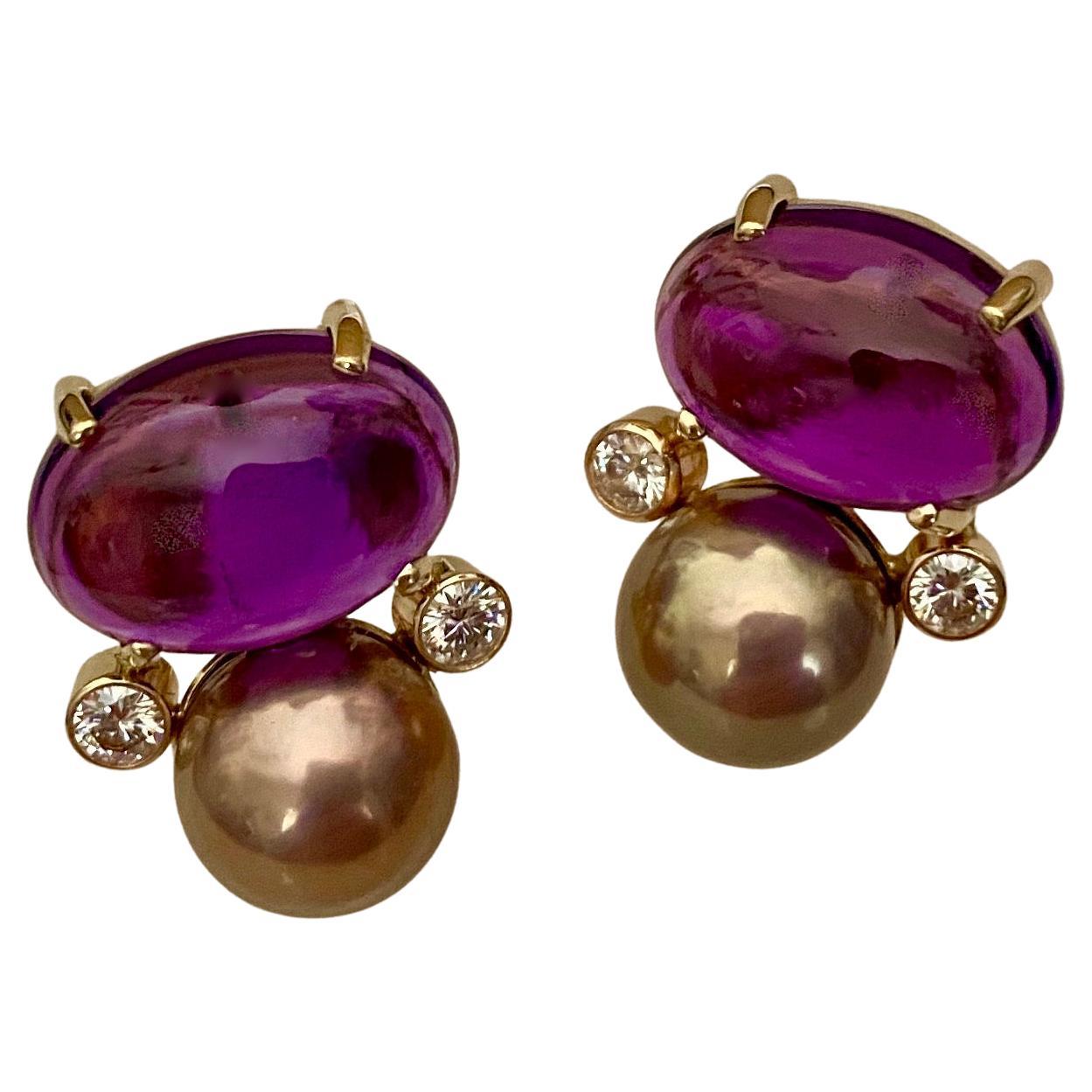 Michael Kneebone Cabochon Amethyst Diamond Lavender Pearl Button Earrings