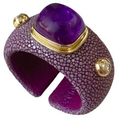 Vintage Michael Kneebone Cabochon Amethyst Diamond Shagreen Cuff Bracelet 