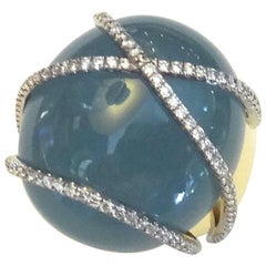 Michael Kneebone Cabochon Aquamarine Pave White Diamond Cocktail Ring