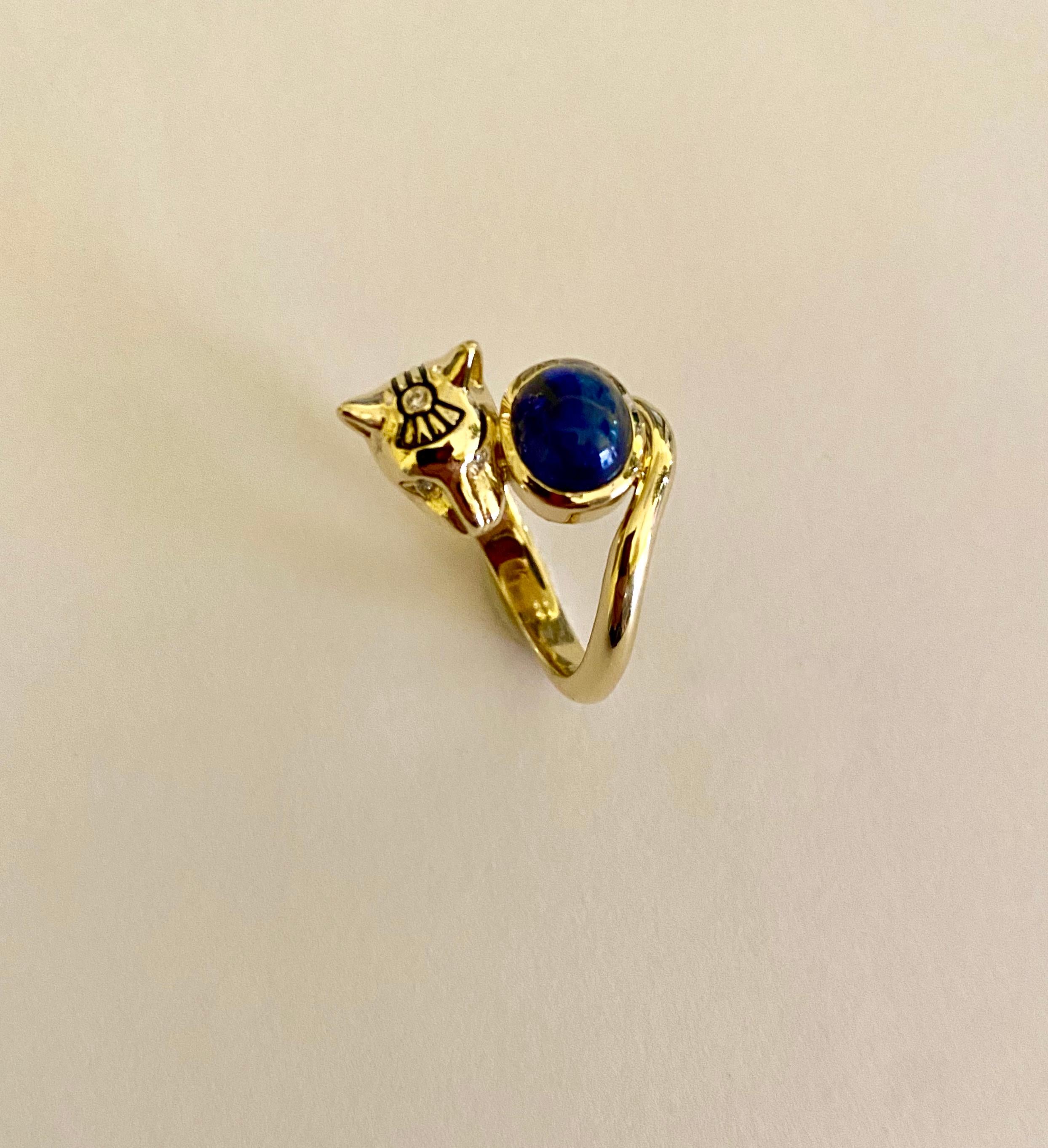 Women's or Men's Michael Kneebone Cabochon Blue Sapphire Diamond Egyptian Revival Cat Ring