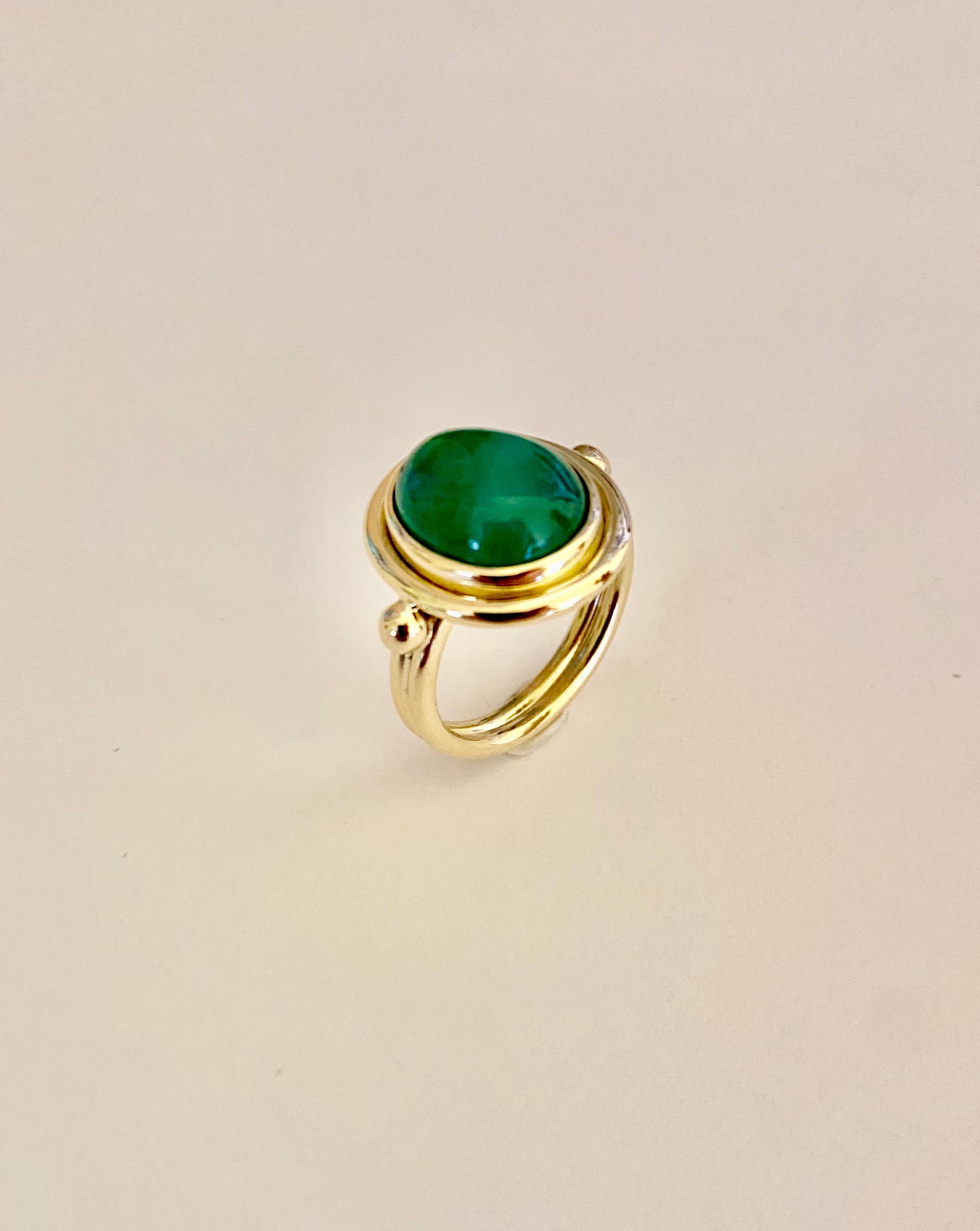 Michael Kneebone Cabochon Emerald 18k Gold Archaic Style Ring In New Condition In Austin, TX