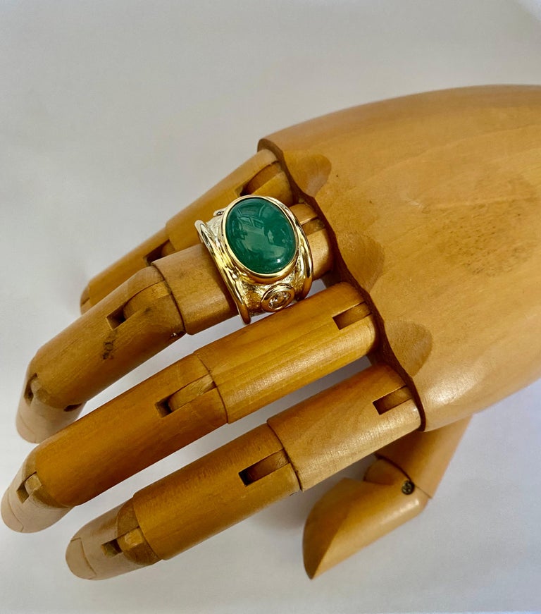 Michael Kneebone Cabochon Emerald Rose Cut Diamond 18k Gold Bombe Ring For Sale 1