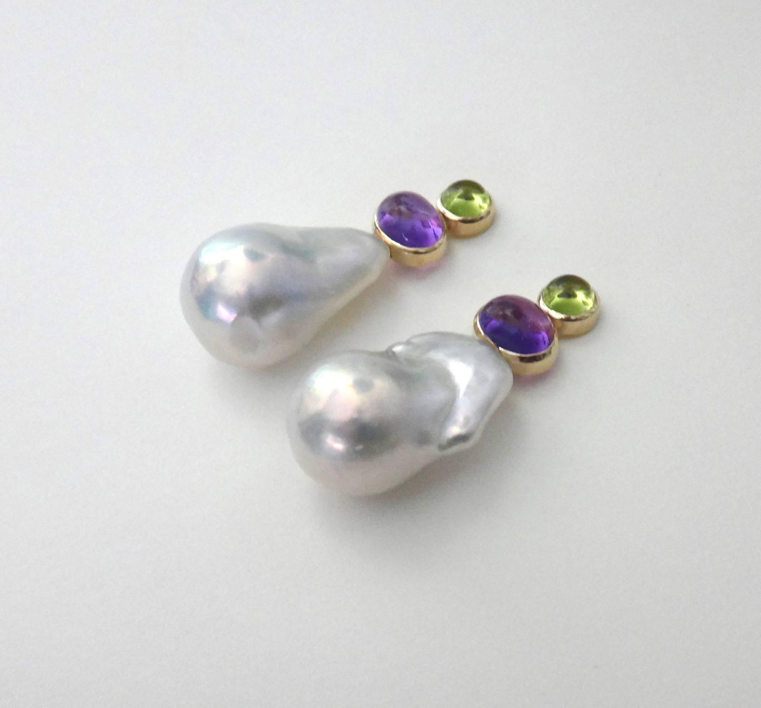 Michael Kneebone Cabochon Peridot Amethyst Baroque Pearl Drop Earrings In Excellent Condition In Austin, TX