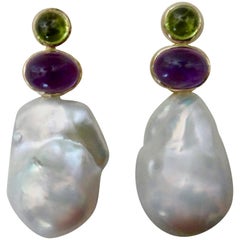 Michael Kneebone Cabochon Peridot Amethyst Baroque Pearl Drop Earrings