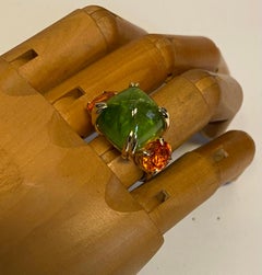 Michael Kneebone Cabochon Peridot Tangerine Sapphire Tre Pietre Cocktail Ring