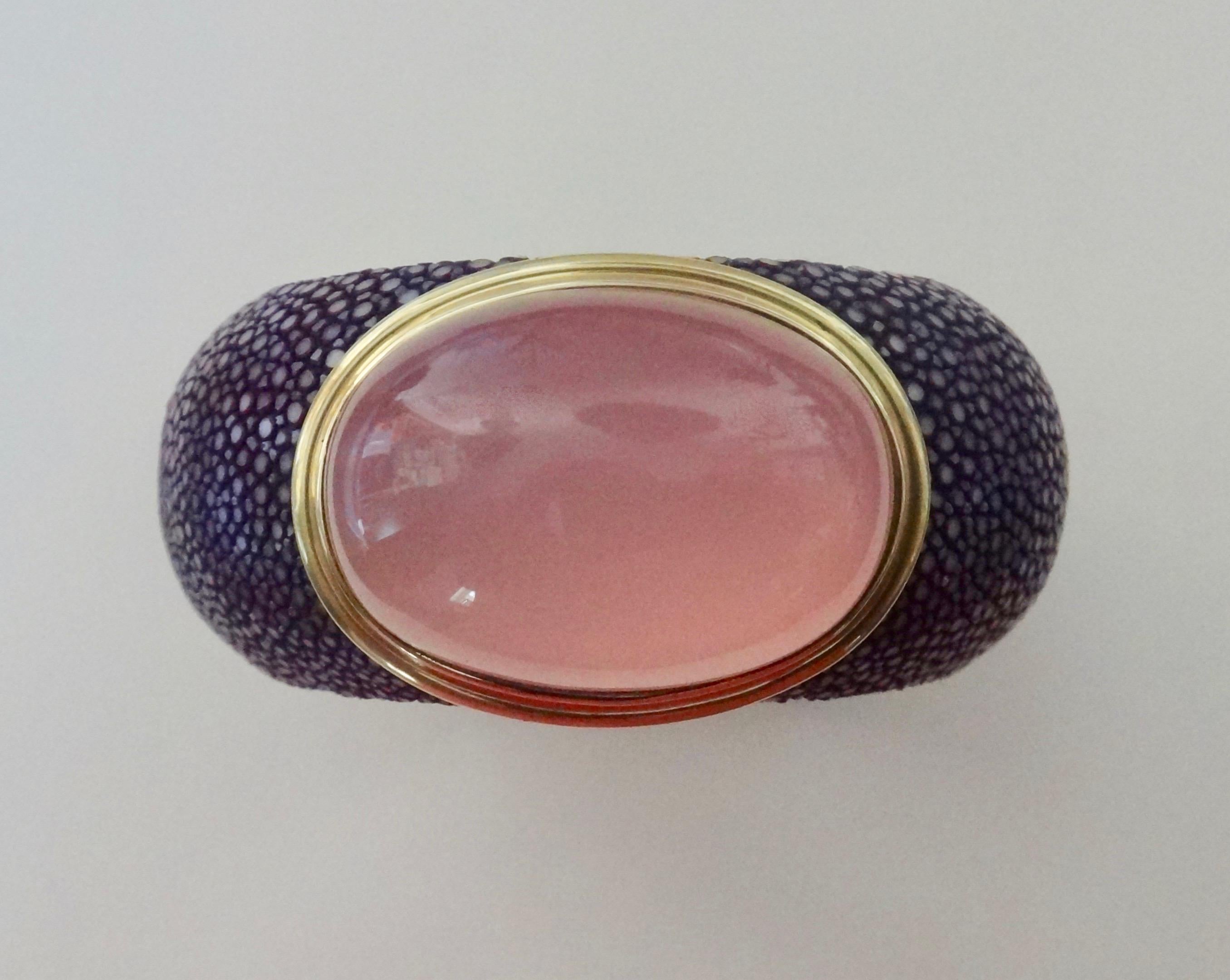 Contemporary Michael Kneebone Cabochon Rose Quartz Purple Shagreen Cuff Bracelet