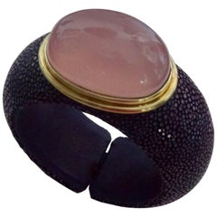 Michael Kneebone Cabochon Rose Quartz Purple Shagreen Cuff Bracelet