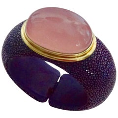 Michael Kneebone Cabochon Rose Quartz Purple Shagreen Cuff Bracelet