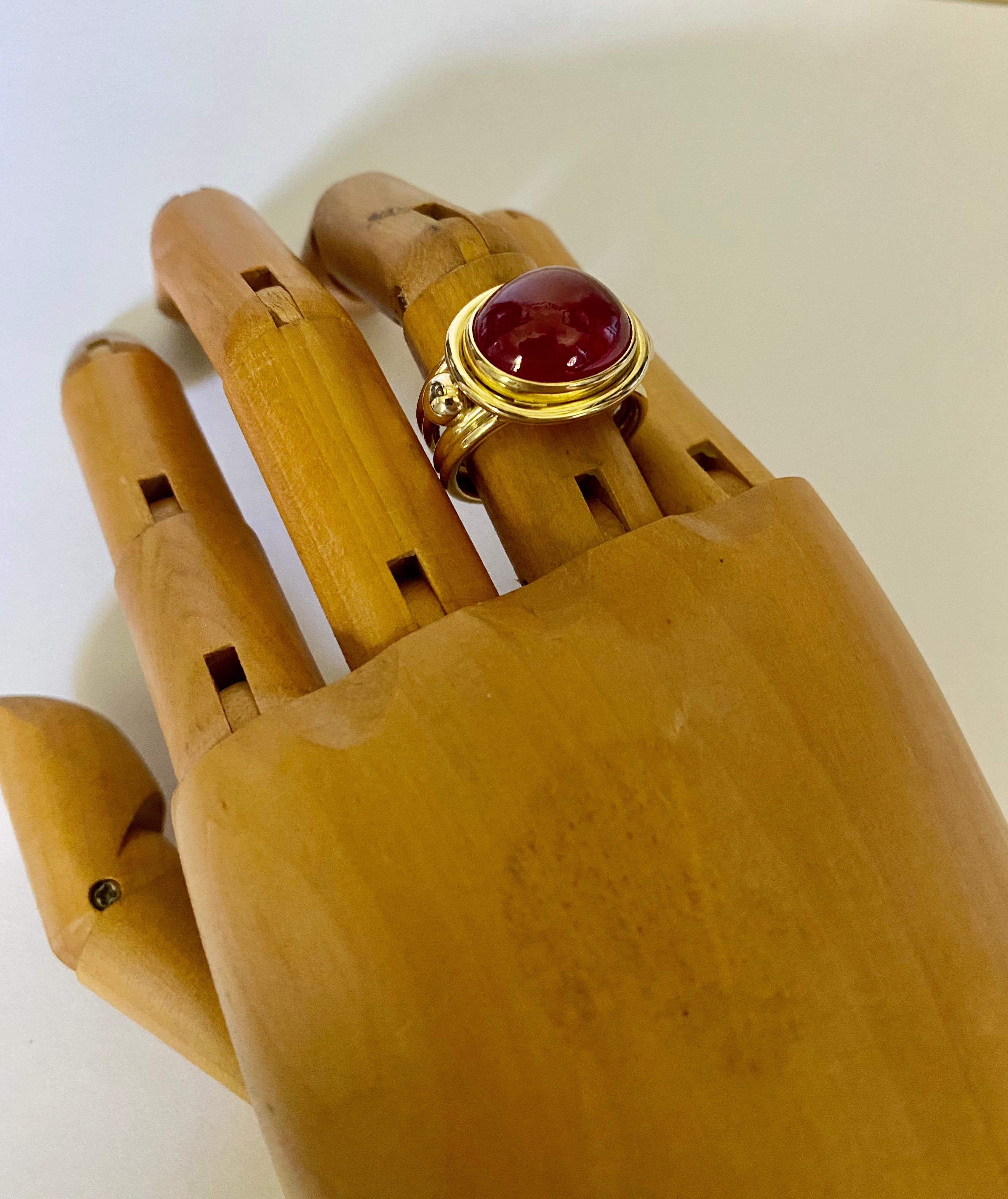 Michael Kneebone Cabochon Ruby 18k Gold Archaic Style Ring  In New Condition In Austin, TX